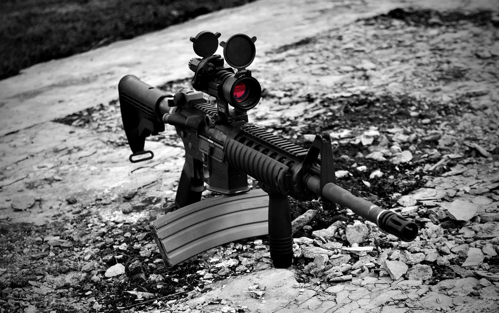 weapon, M4A4, rifles, day, nature, rifle, transportation, representation, sunlight, field, black, figurine, male likeness, selective coloring, high angle view, HD Wallpaper