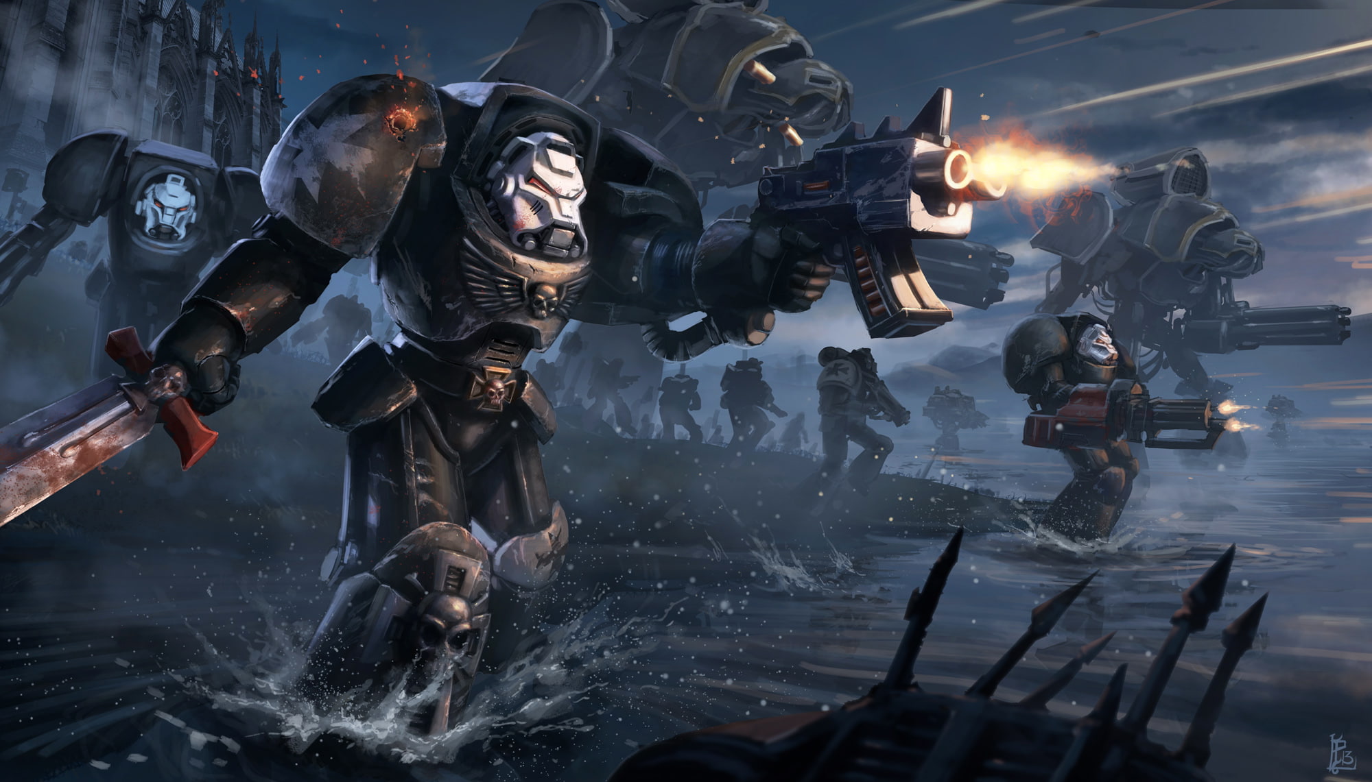 mech, 1080P, weapon, 40k, mecha, space, gun, marines, warrior, battle, sci fi, warhammer, HD Wallpaper