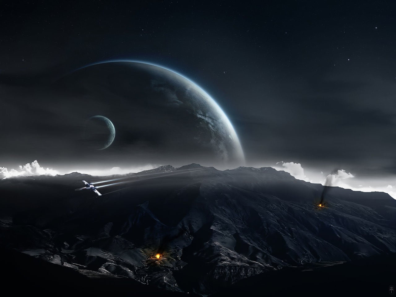 power in nature, space art, digital art, lightning, storm, Star Wars, mountain range, environment, 720P, planet, no people, mountain, dark, space, night, HD Wallpaper