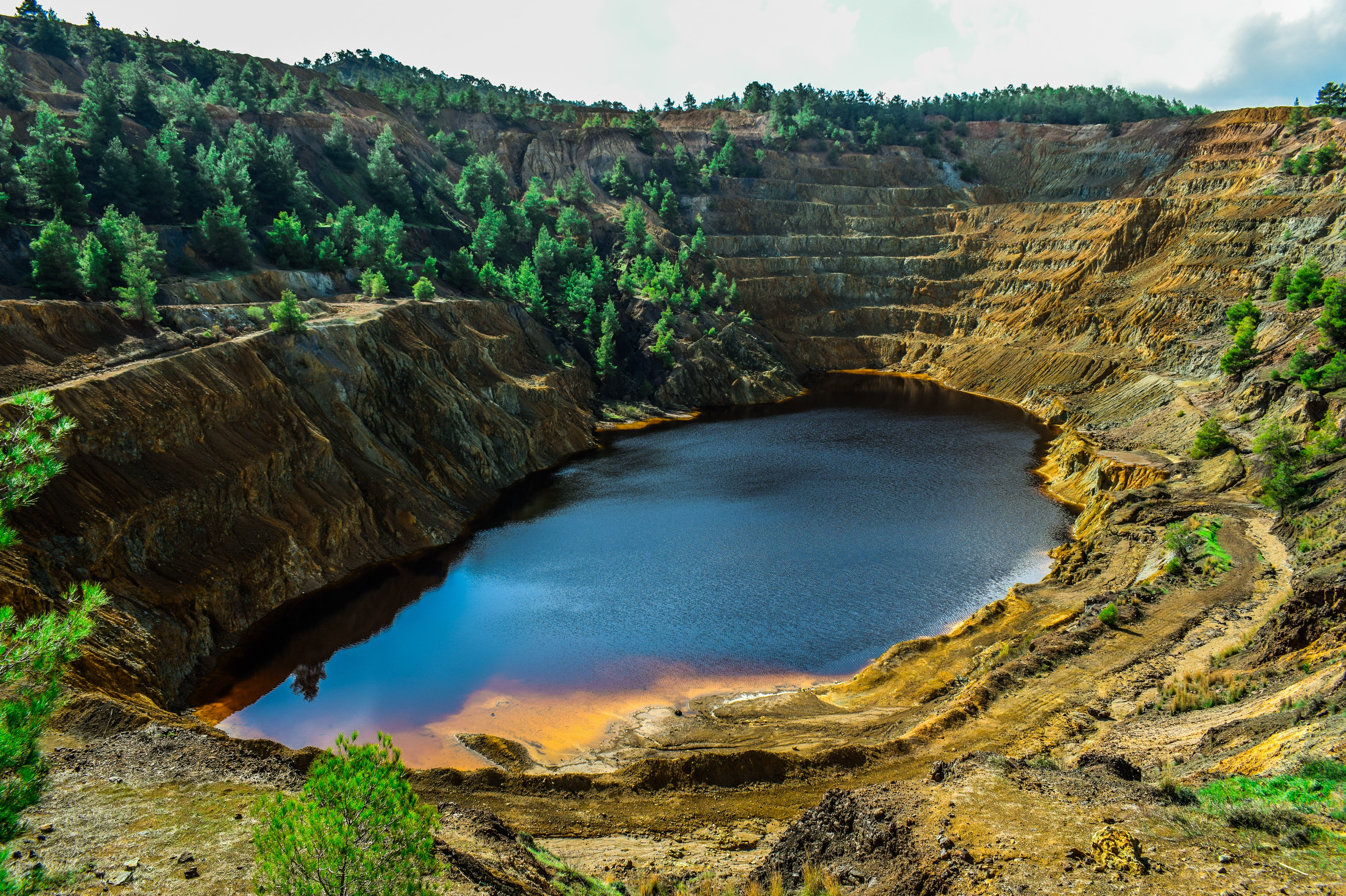red, water, ecosystem, mountain, outdoors, kokkinopezoula mine, solid, landscape, non-urban scene, tranquil scene, environmental, beauty in nature, river, HD Wallpaper