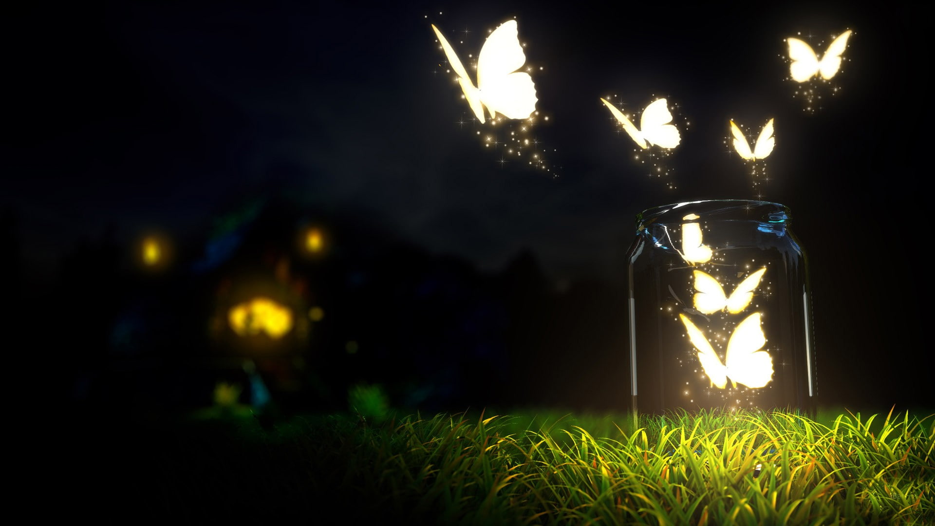 bottles, lights, digital art, depth of field, butterfly, 1080P, glass jar, HD Wallpaper