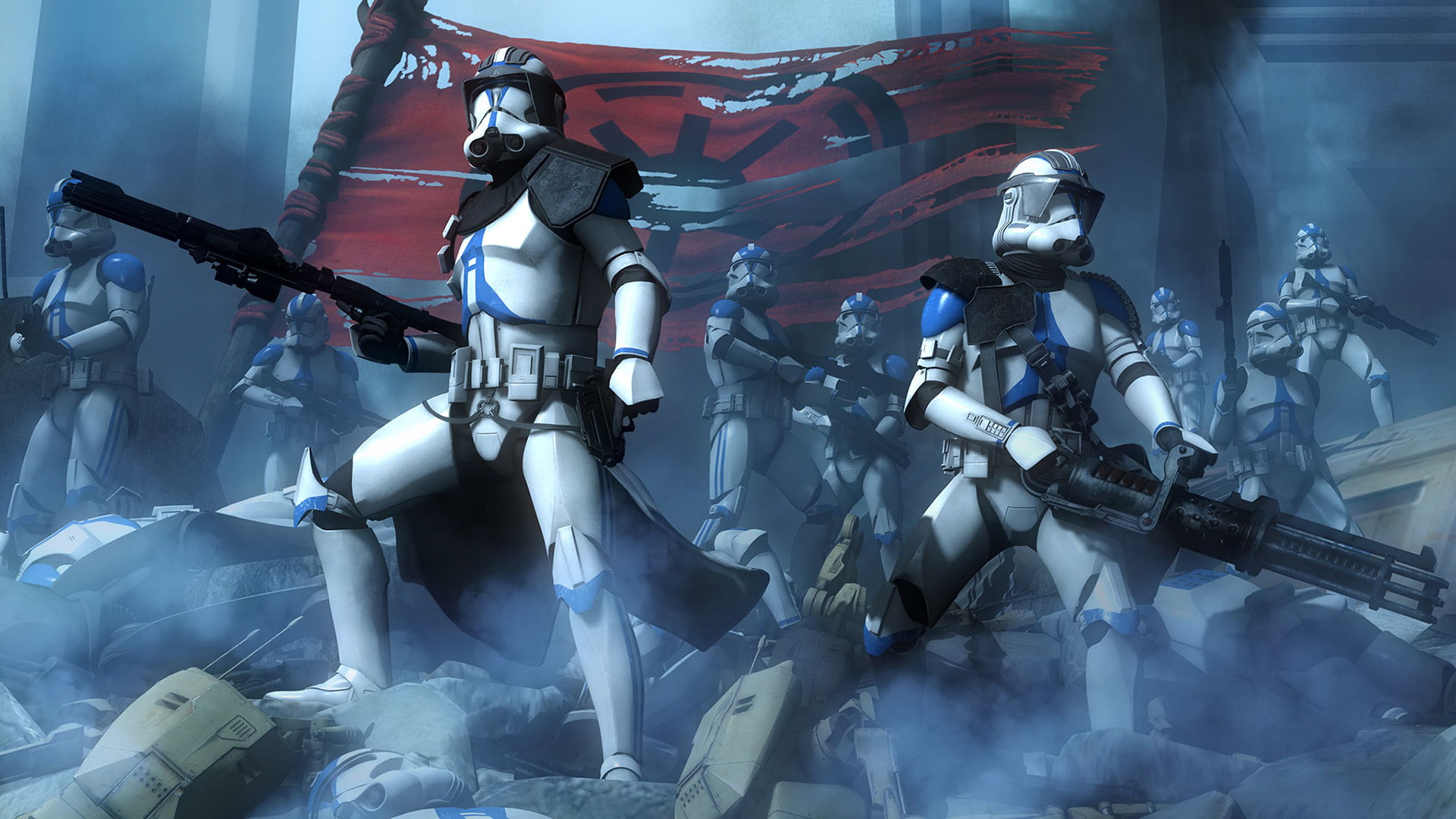 Star Wars, minigun, battle, 1080P, clone trooper, rifles, flag, mist, HD Wallpaper
