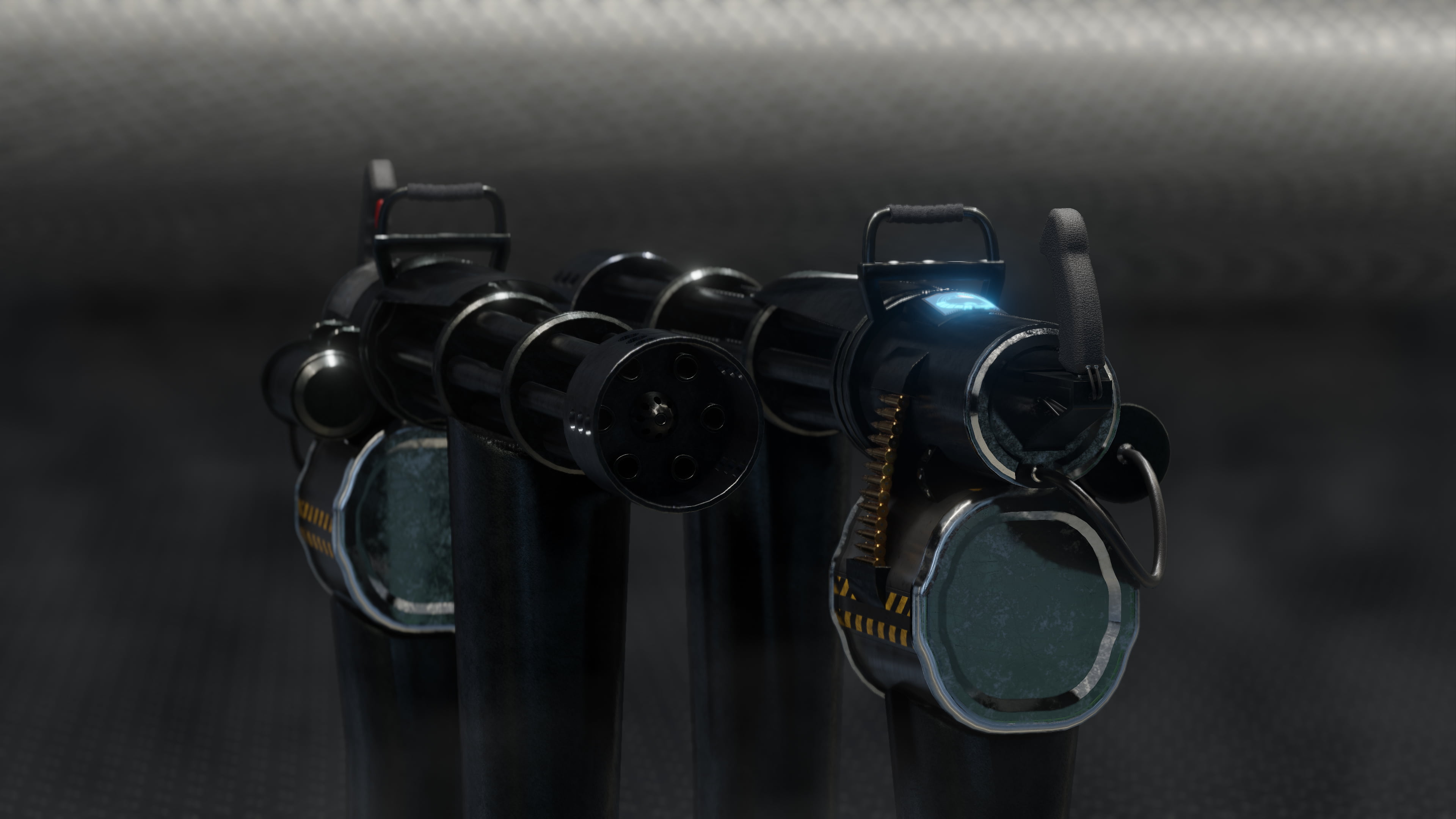 reflection, military, 4K, prototype, steel, minigun, metal, 3D, digital, CGI, digital art, heavy, weapon, lights, HD Wallpaper