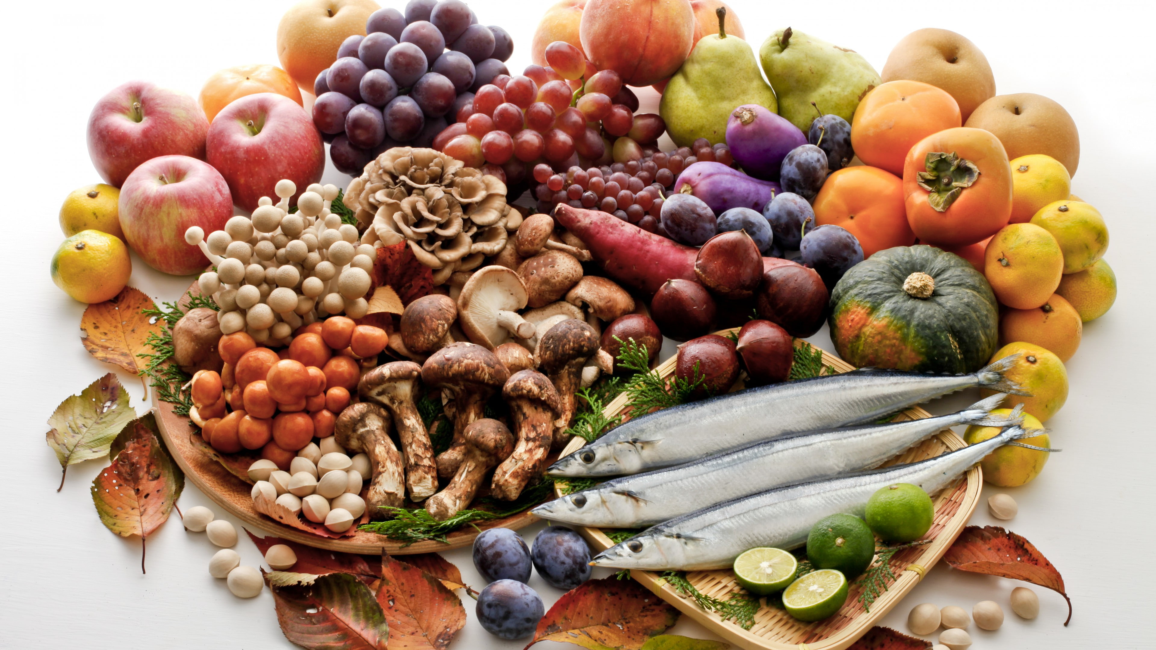 4k pics, 4K, mushrooms, Grape, herring, plum, Vegetables, pistachio, peach, fruit, apple, orange, pear, lime, ultra hd, HD Wallpaper