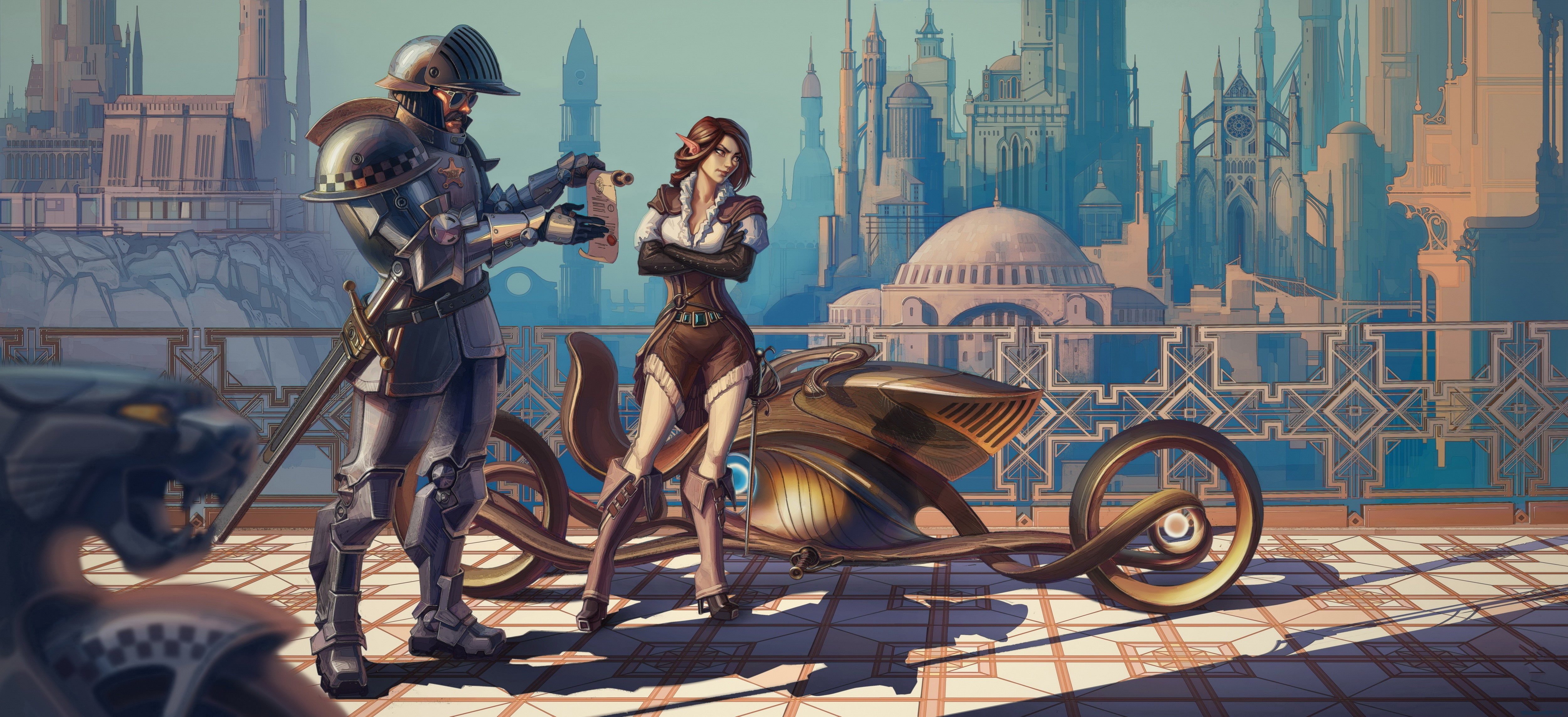 Cop, Woman, Humor, Steampunk, Armor, 4K, Elf, City, Sci Fi, Vehicle, HD Wallpaper