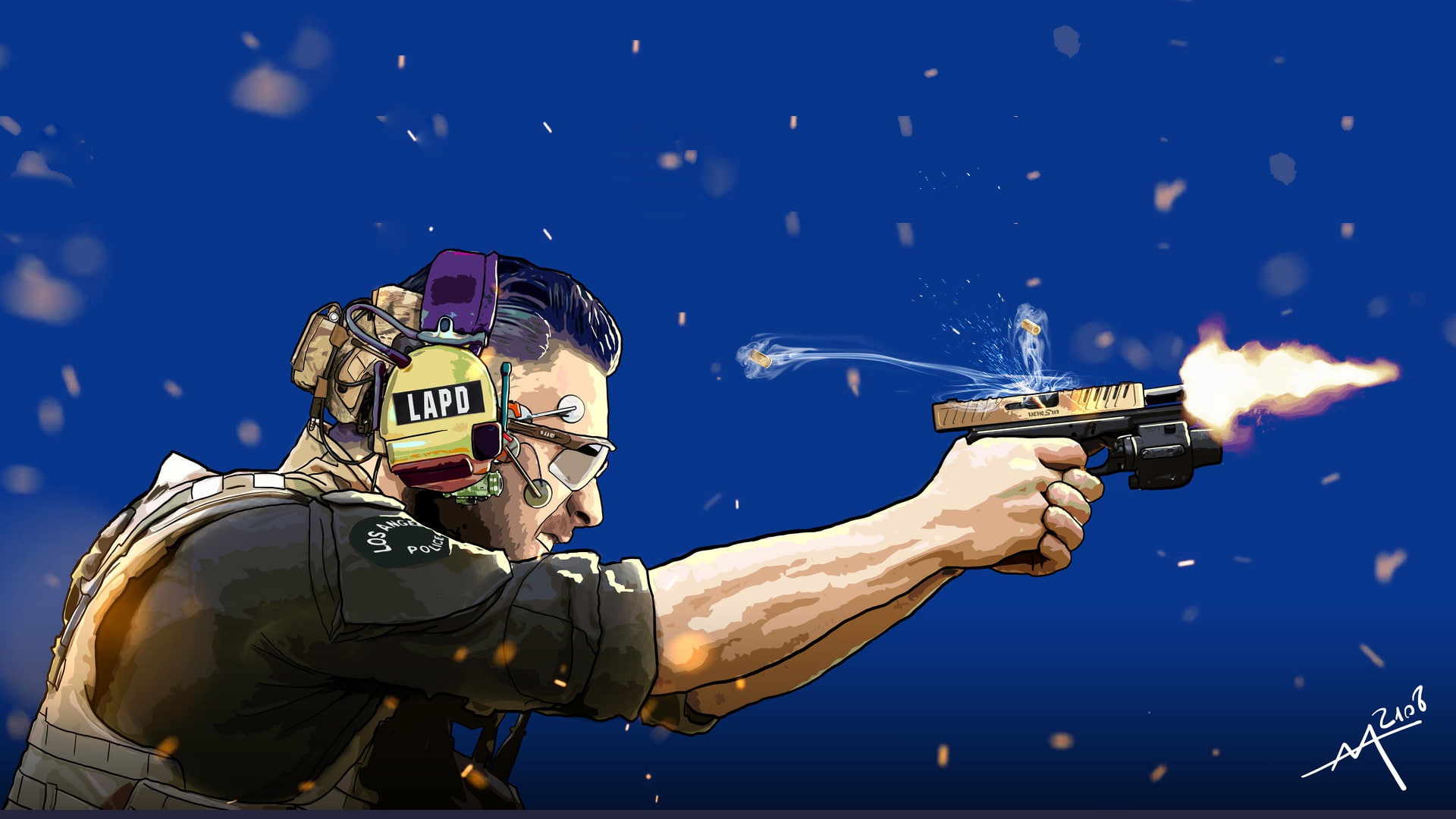 Officer, Cyberpunk, Shot, Officer Perry, Gun, by Andrea Abrile, 1080P, The LAPD, COP, Andrea Abrile, Art, HD Wallpaper