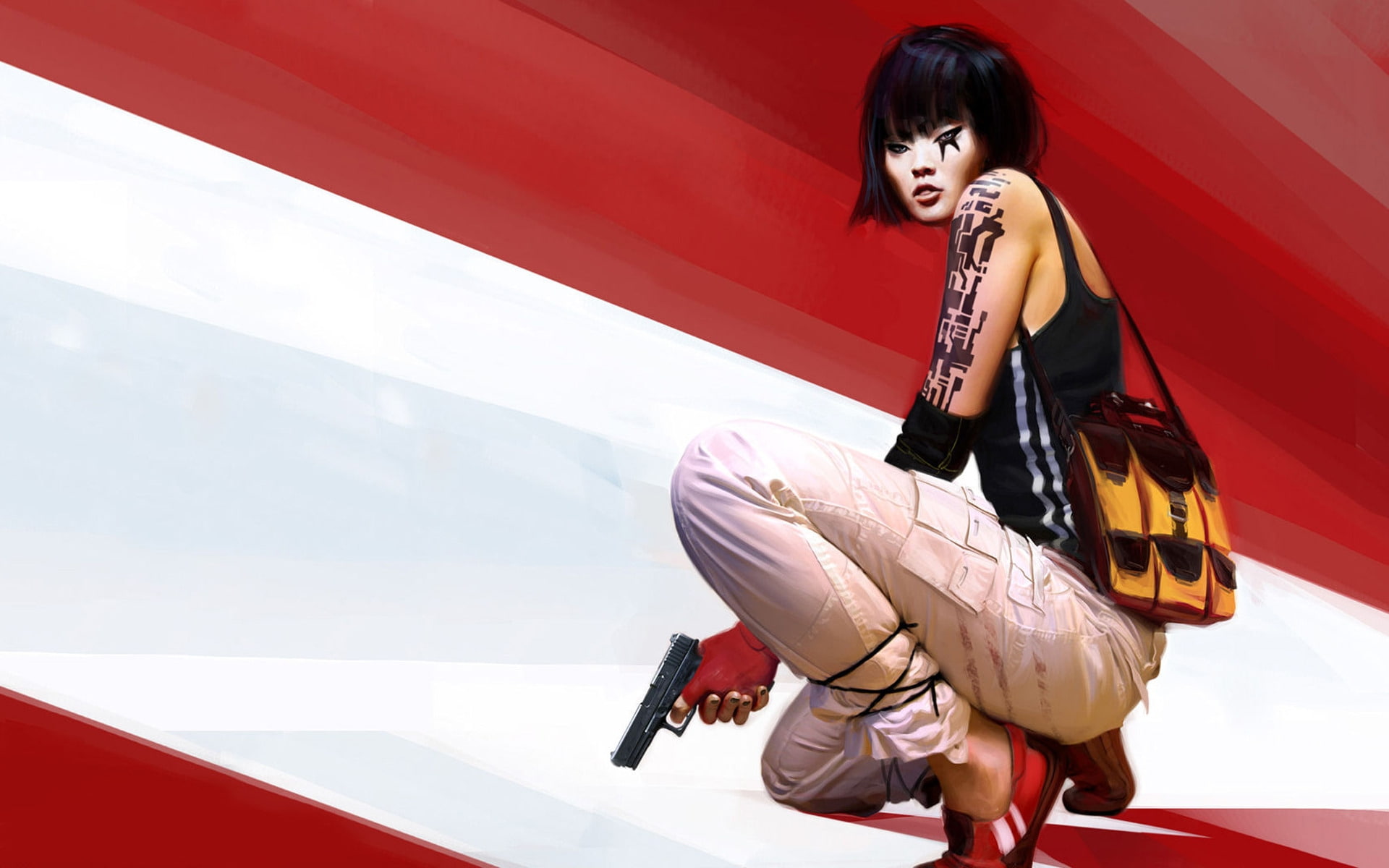 connors, outfit, mirrors, run, sneakers, edge, red, s, top, faith, buildings, cops, cargo, fight, pants, black, 1080P, beige, sleeveless, women, HD Wallpaper