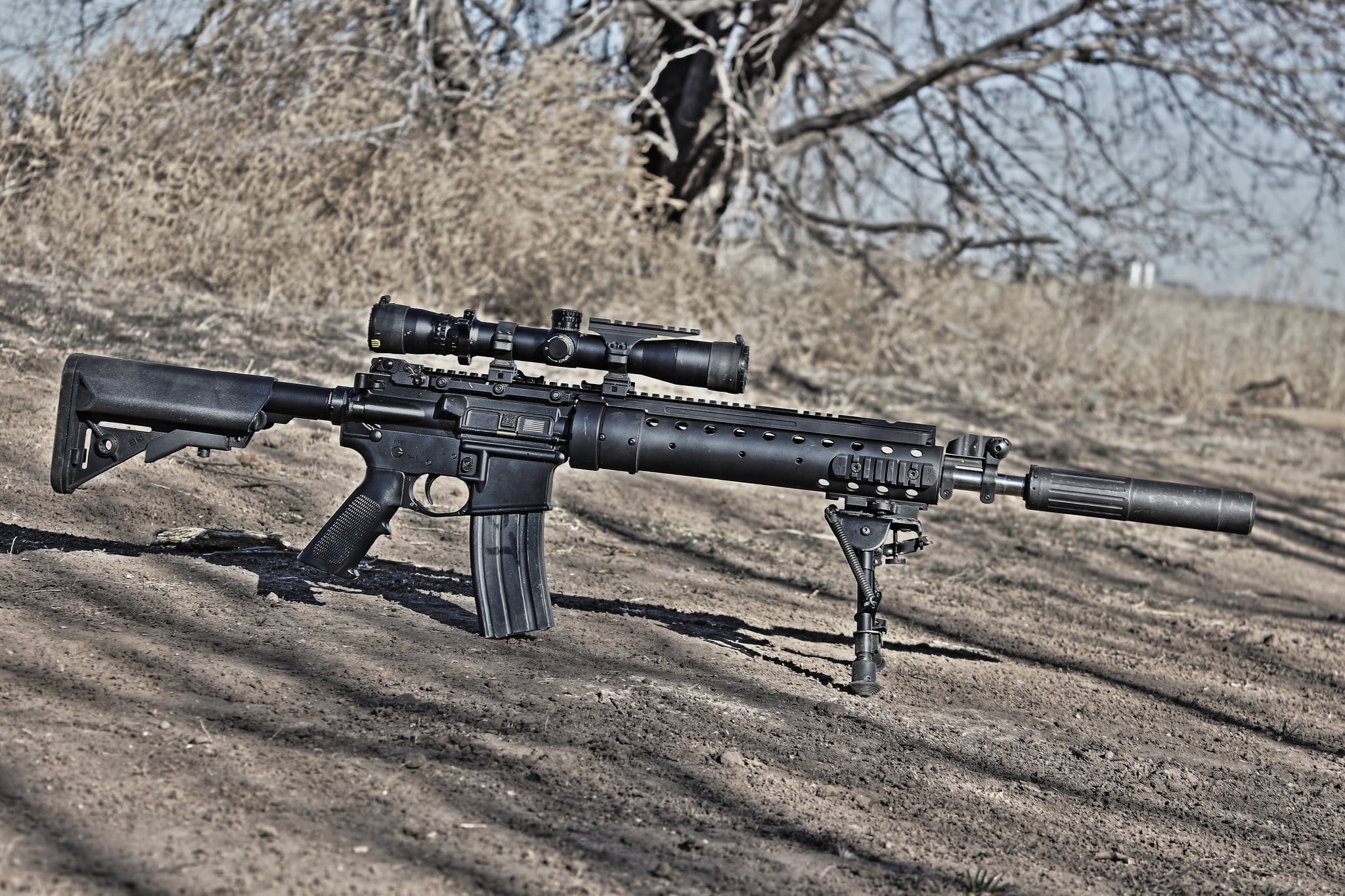 protection, no people, fighting, nature, side view, weapon, black, focus on foreground, sniper, scope, security, land, conflict, bare tree, military, tree, HD Wallpaper