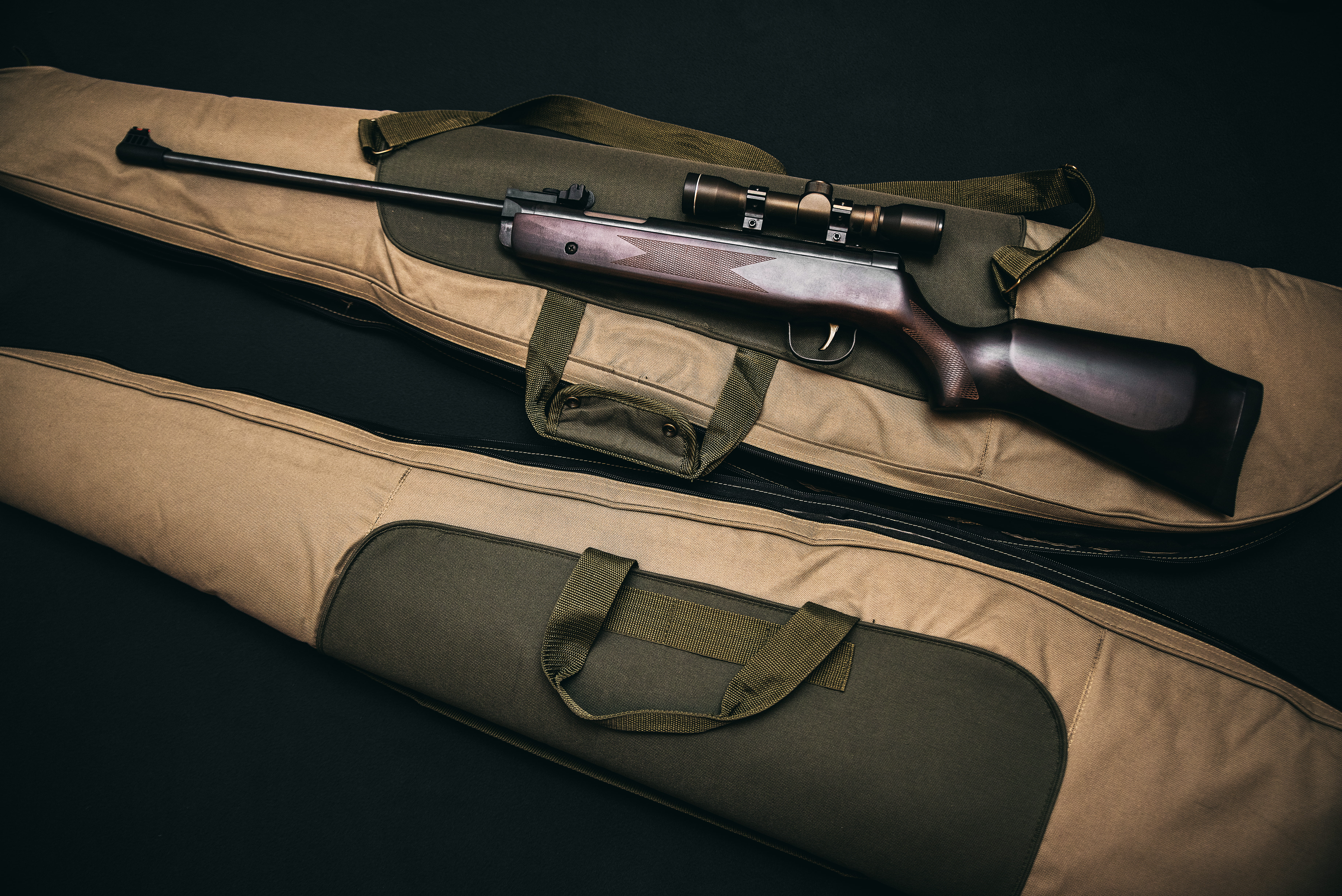 sign, wood, gun, scope, case, beige, bag, security, black background, ammunition, shooting a weapon, hunting, weapon, target shooting, black, violence, HD Wallpaper