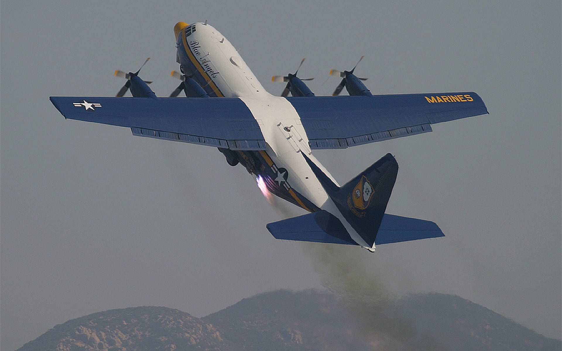 military aircraft, flying, USMC, mid-air, Blue Angels, plane, nature, motion, 1080P, sky, Lockheed C-130 Hercules, white, speed, aerospace industry, on the move, HD Wallpaper