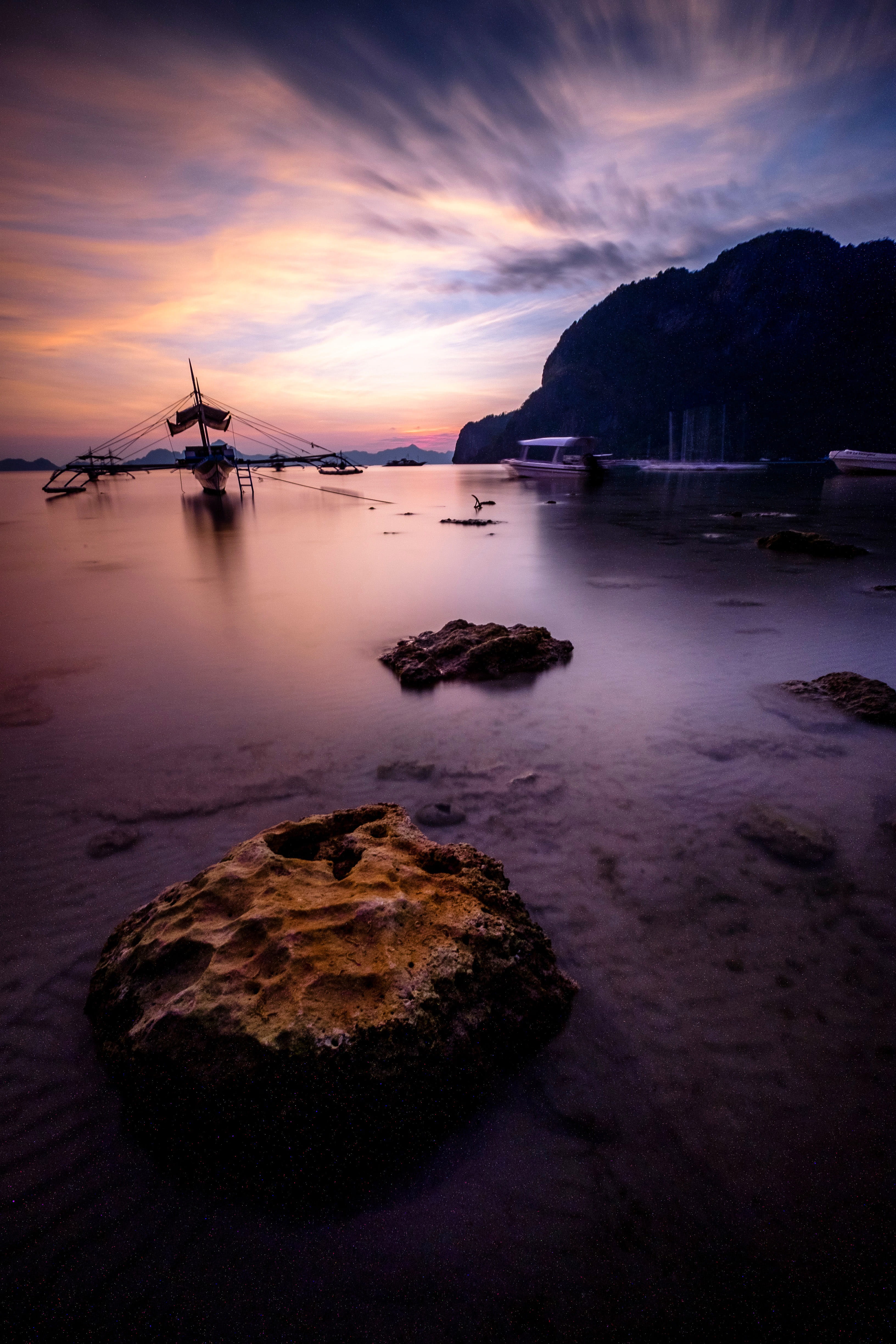 photos, nature, rock - Object, idyllic, solid, public domain, tranquility, seascape, orange color, 4K, night, outdoors, tranquil scene, long Exposure, Phone HD Wallpaper