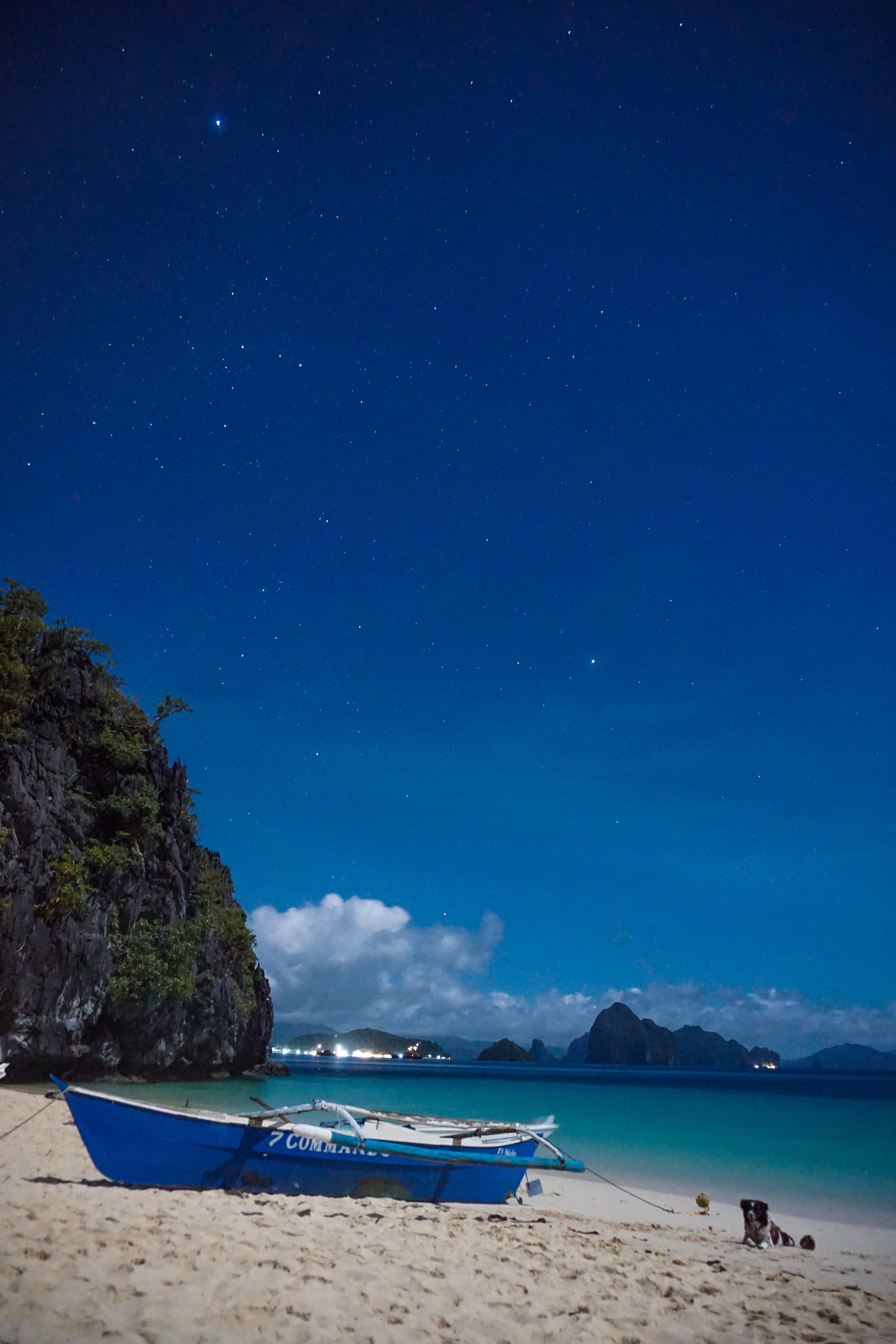 land, sky, star - space, scenics - nature, incidental people, nature, astronomy, 5K, palawan, boat, night, sand, night sky, idyllic, seaside, island, beach, Phone HD Wallpaper