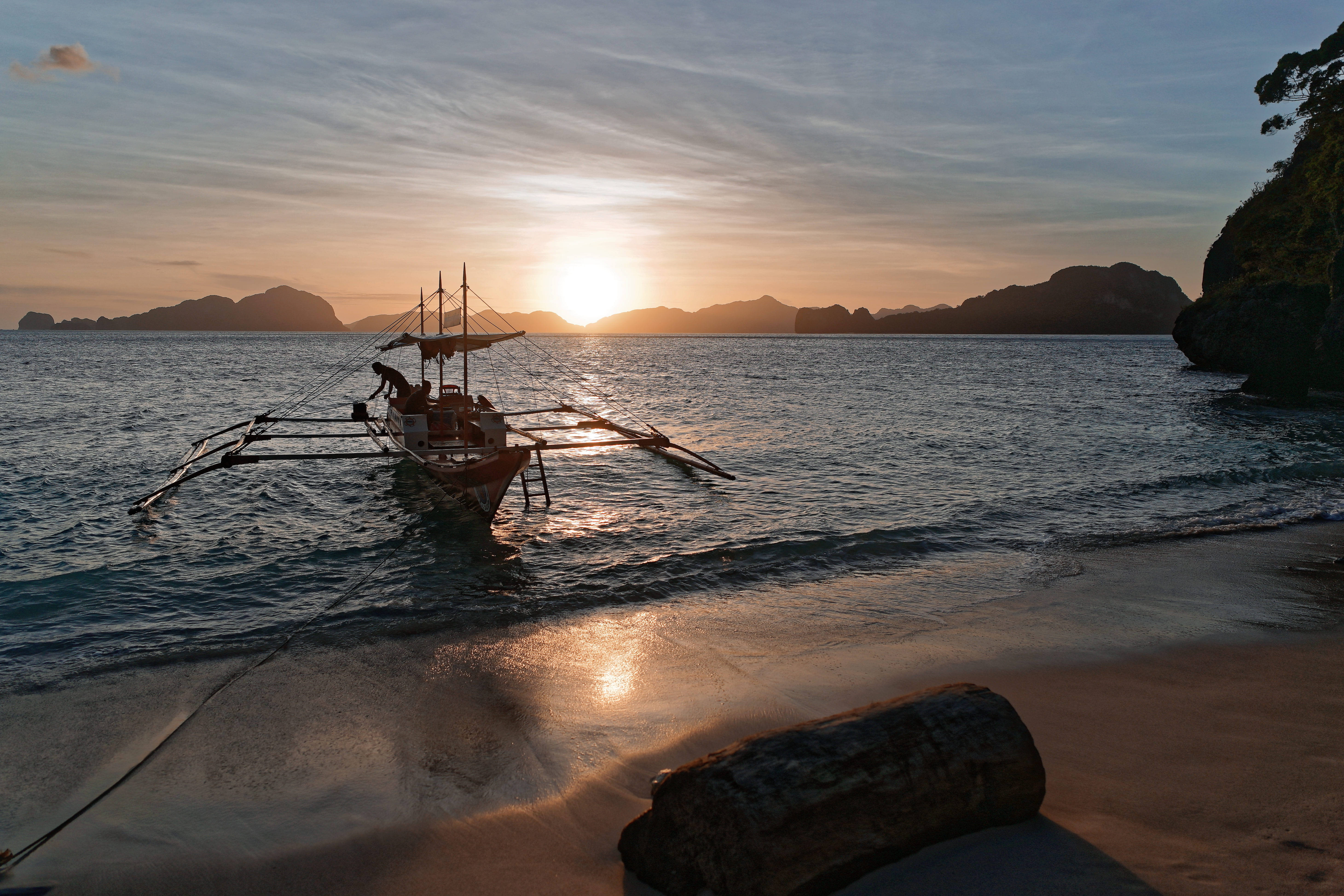 tranquil scene, transportation, sunset, orange color, beauty in nature, water, sea, mode of transportation, nature, philippines, el nido, non-urban scene, HD Wallpaper