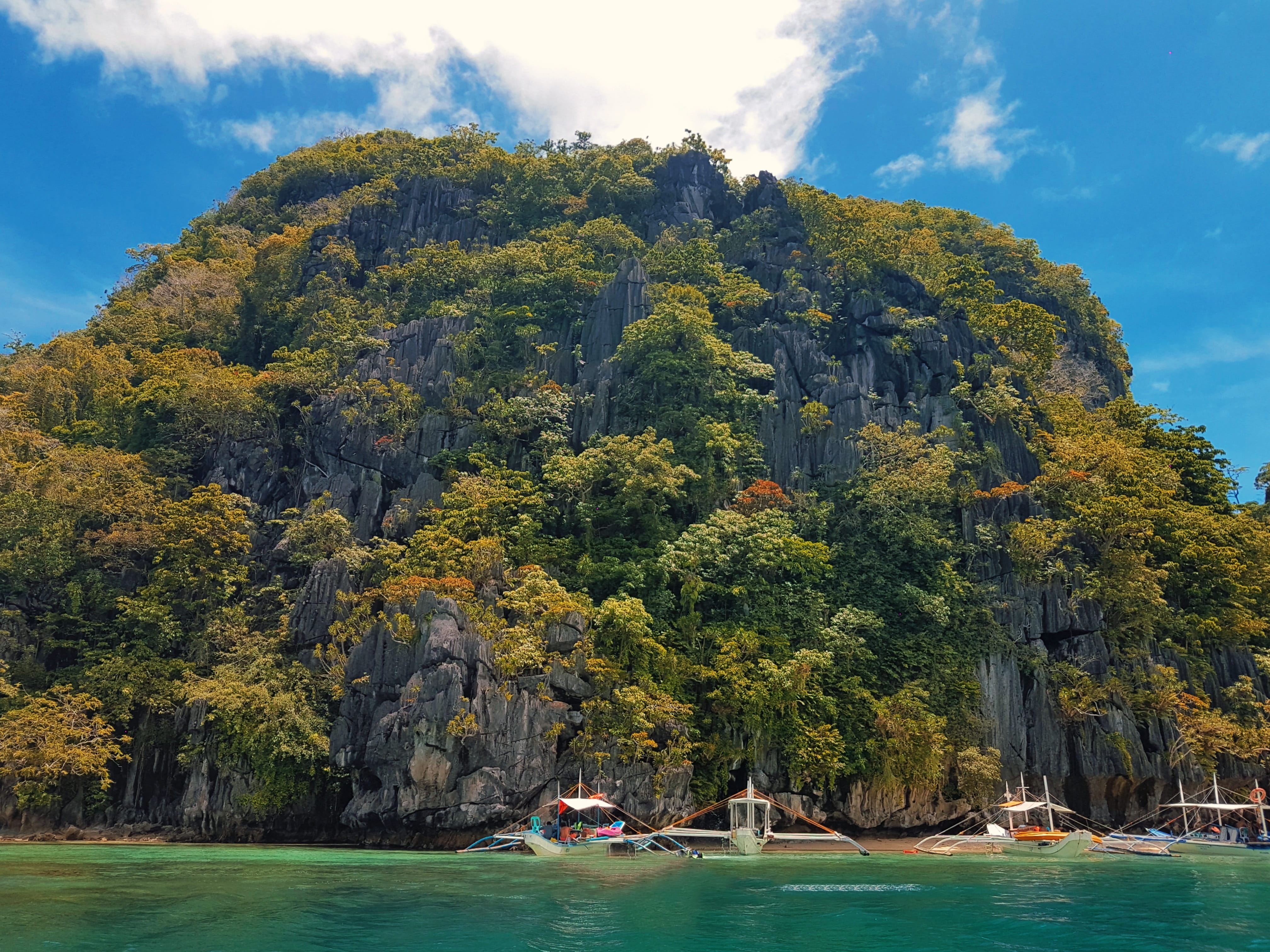 transportation, daytime, mountain, waterfront, promontory, rock, beach, nature, el nido, nautical vessel, mode of transportation, philippines, water, island, HD Wallpaper