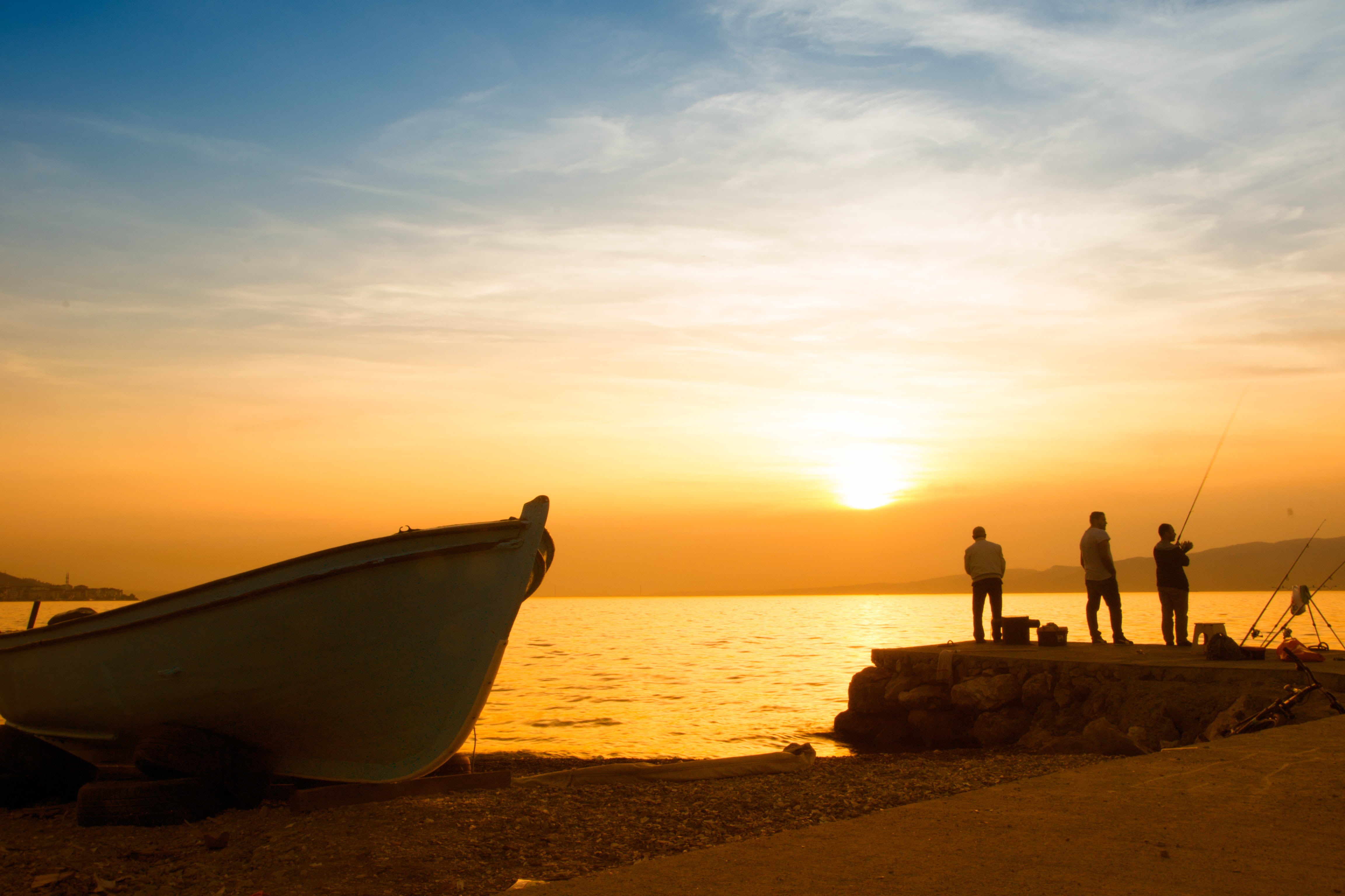 boat, nautical vessel, outdoors, marine, sparkle, kocaeli, the fishermen, water, orange color, land, 4K, tranquility, peace, horizon, sun, composition, HD Wallpaper