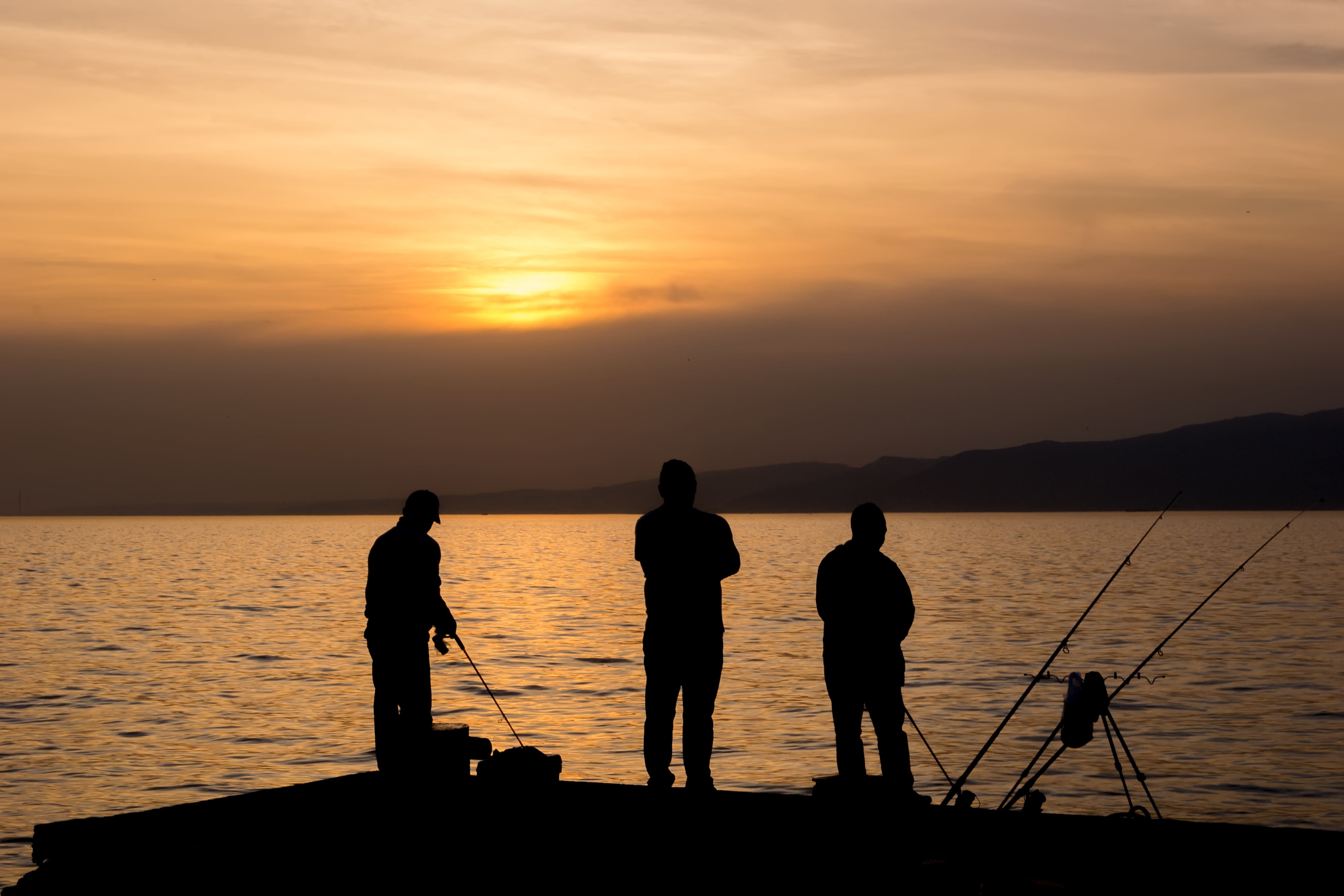 orange, lifestyles, peace, sparkle, boat, coastline, beautiful, silhouette, cloud - sky, landscape, the setting sun, group of people, people, in the water, HD Wallpaper