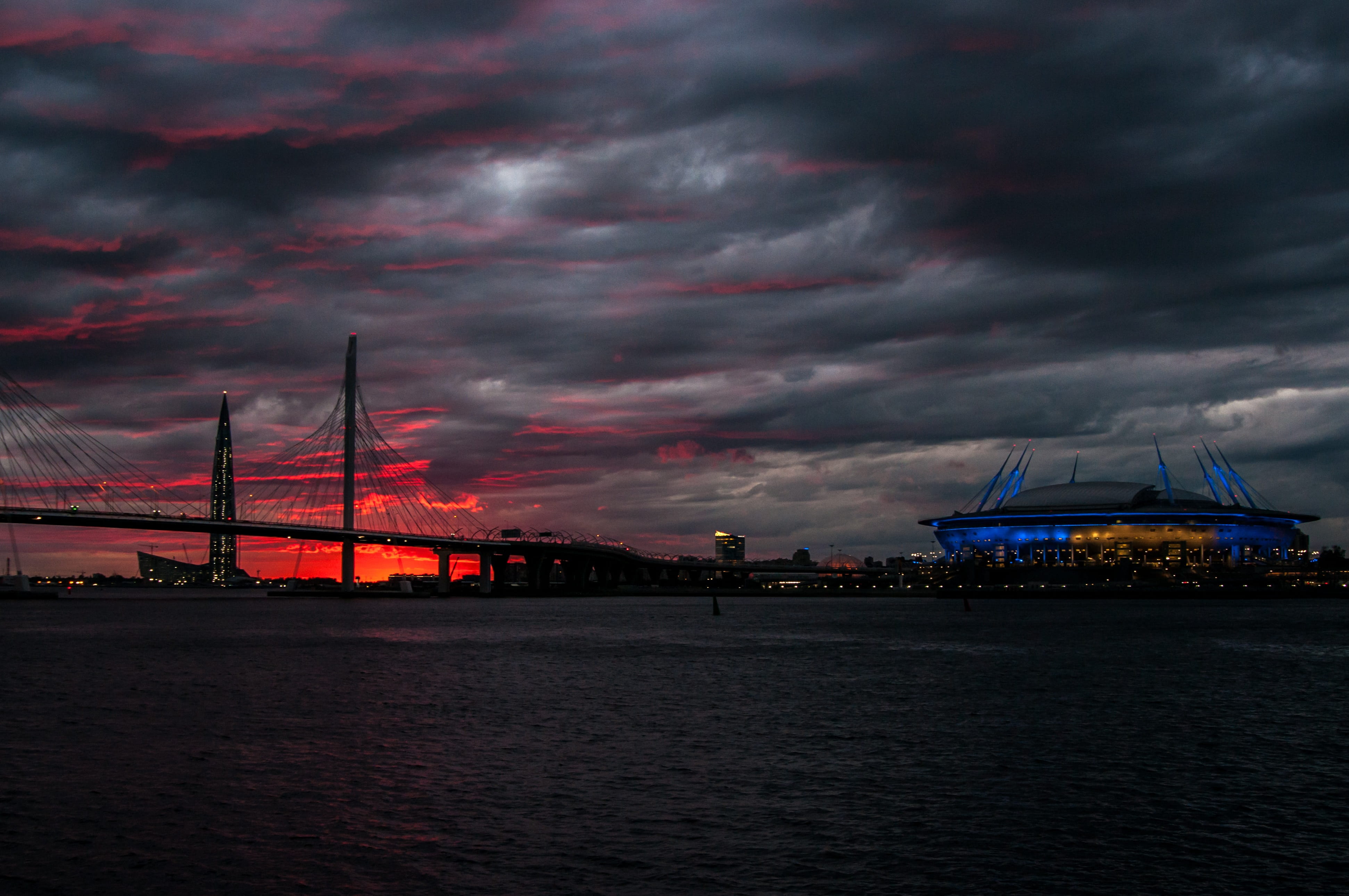 cloud - sky, bridge, peter, illuminated, outdoors, power in nature, sunset, russia, built structure, glow, sky, river, transportation, inimitably, city, HD Wallpaper