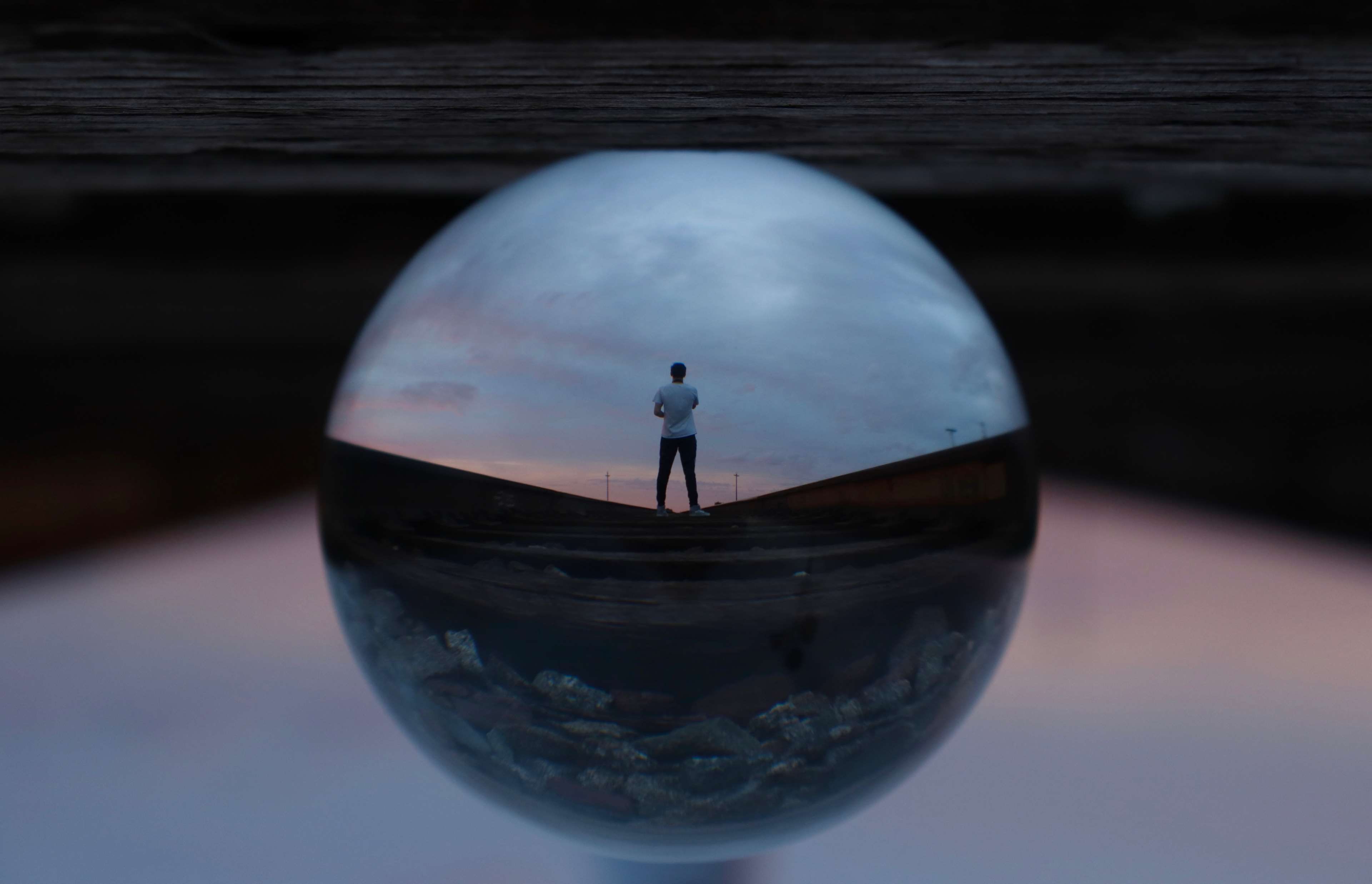 transparent, journey, night, dark, full length, round, glass, ball, train tracks, action, close up, nature, blur, rear view, person, perspective, water, HD Wallpaper