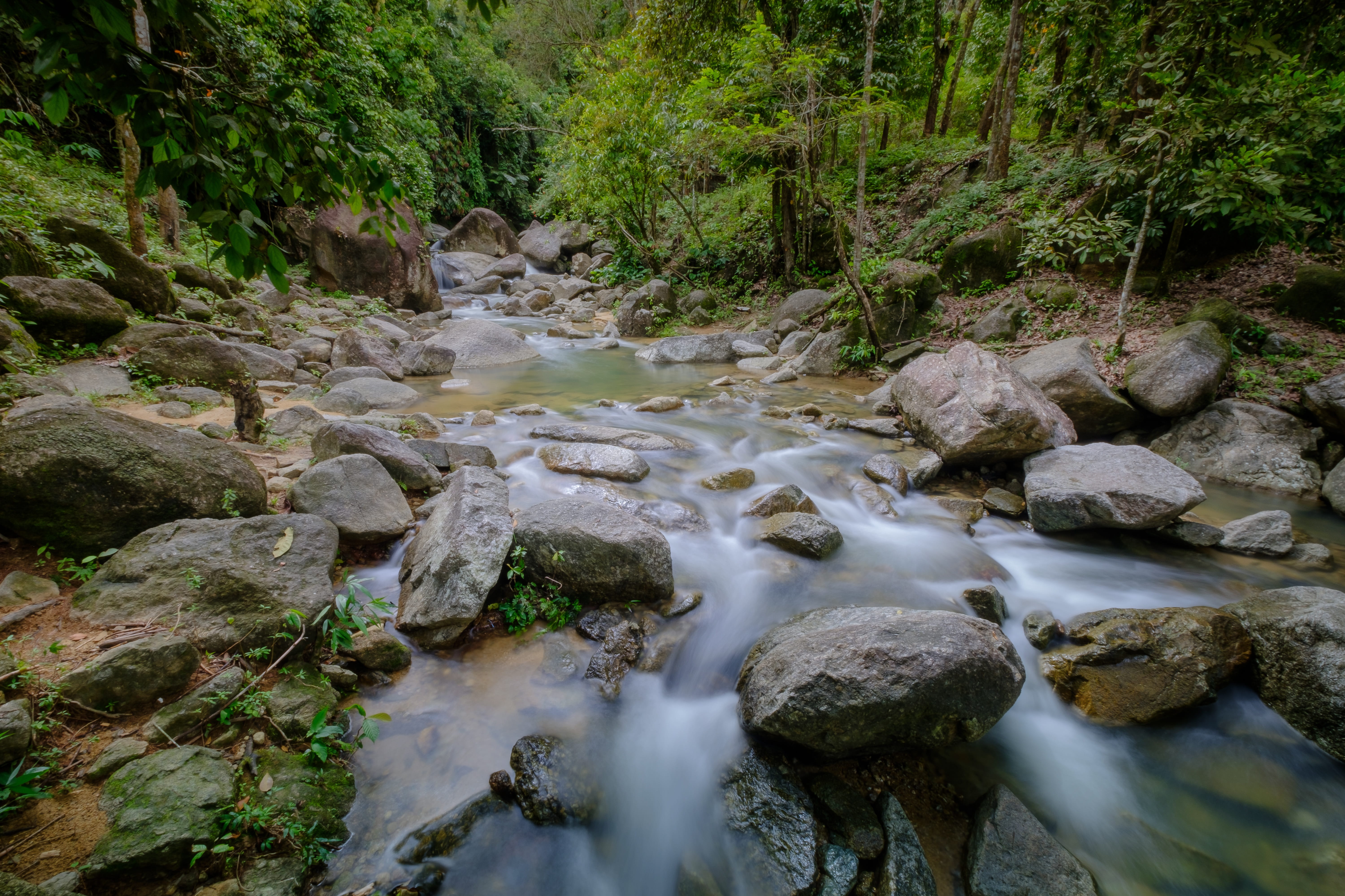 rock, outdoors, stream - flowing water, panorama, sky, slow shutter, shallow, urban, long exposure, plant, scenics - nature, scenic, View, asian, flowing water, HD Wallpaper