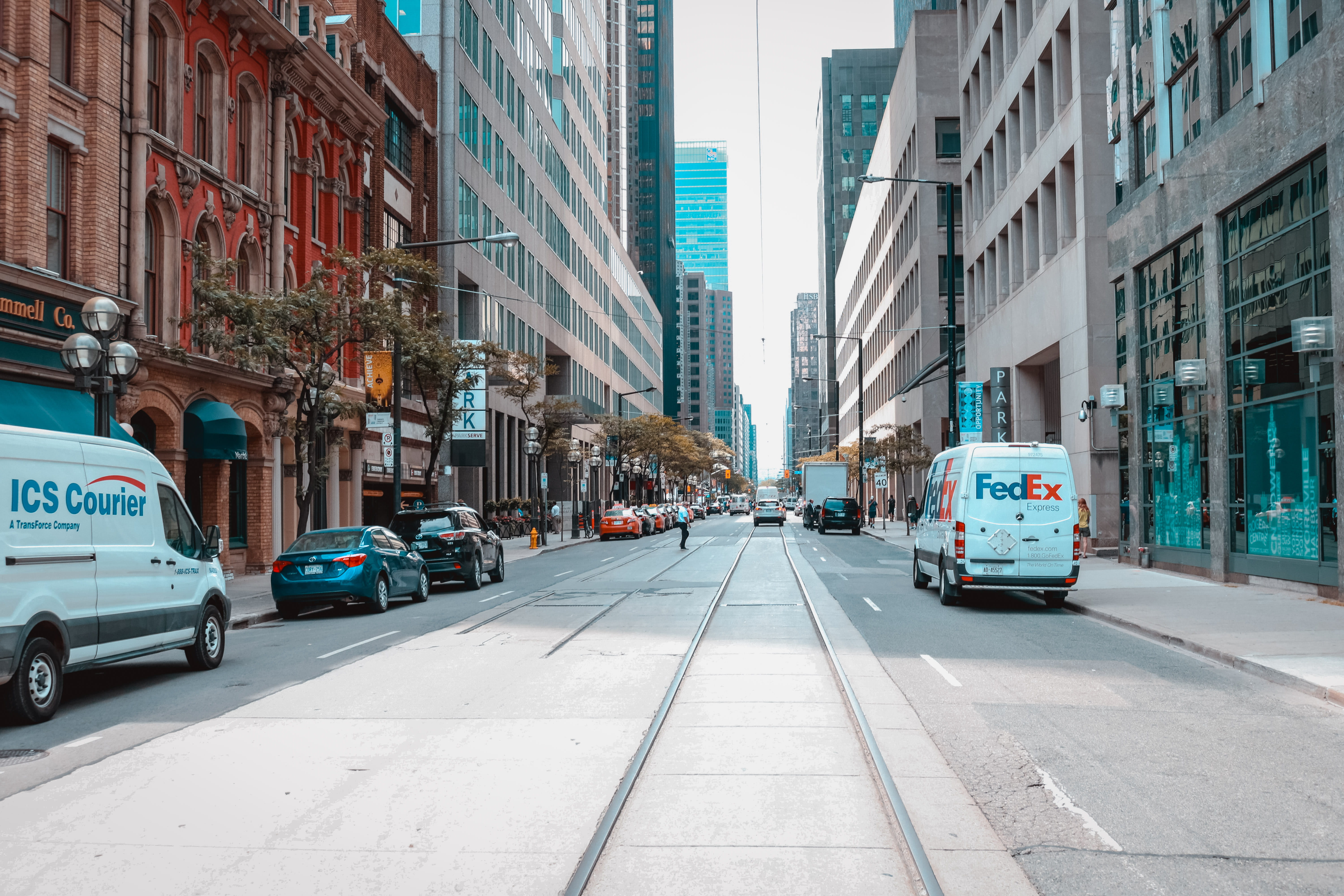 city life, cars, direction, motor vehicle, incidental people, residential district, near, hospital, diminishing perspective, tram tracks, building, vehicle, HD Wallpaper