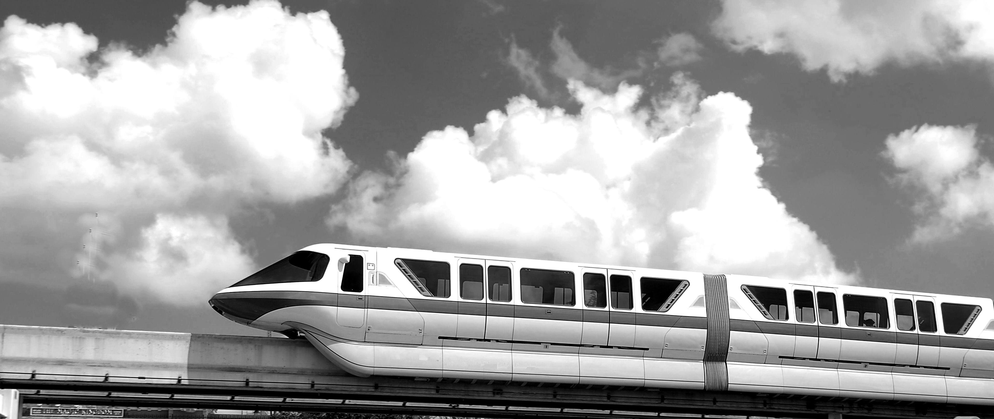 outdoor, clouds, on the move, railing, train, train - vehicle, public transportation, monochrome, motion, nature, rail transportation, outdoors, day, low angle view, HD Wallpaper