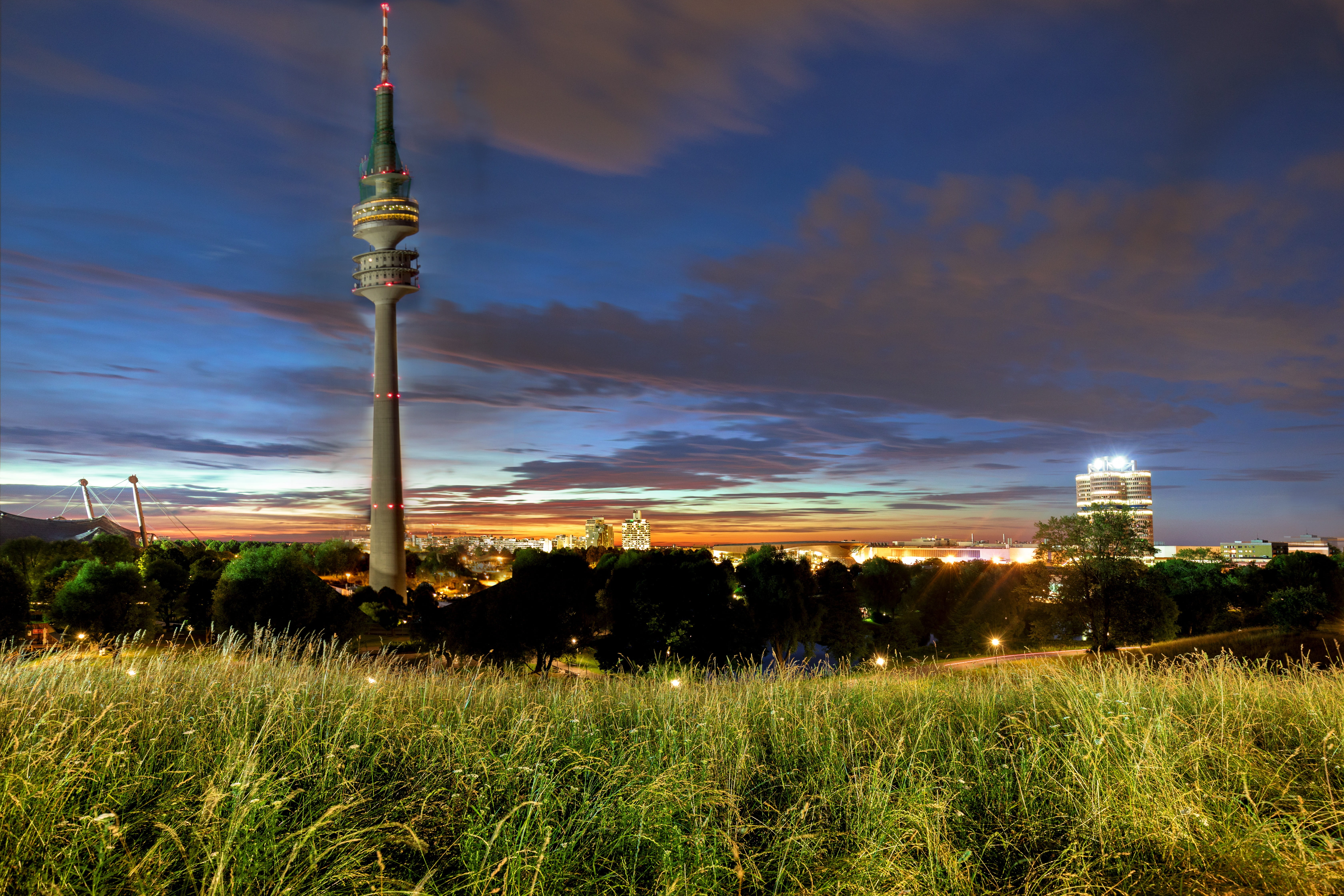 field, mood, nature, grass, skyscraper, growth, olympic stadium, cloud - sky, dusk, silhouette, munich, waters, building, architecture, land, panorama, HD Wallpaper