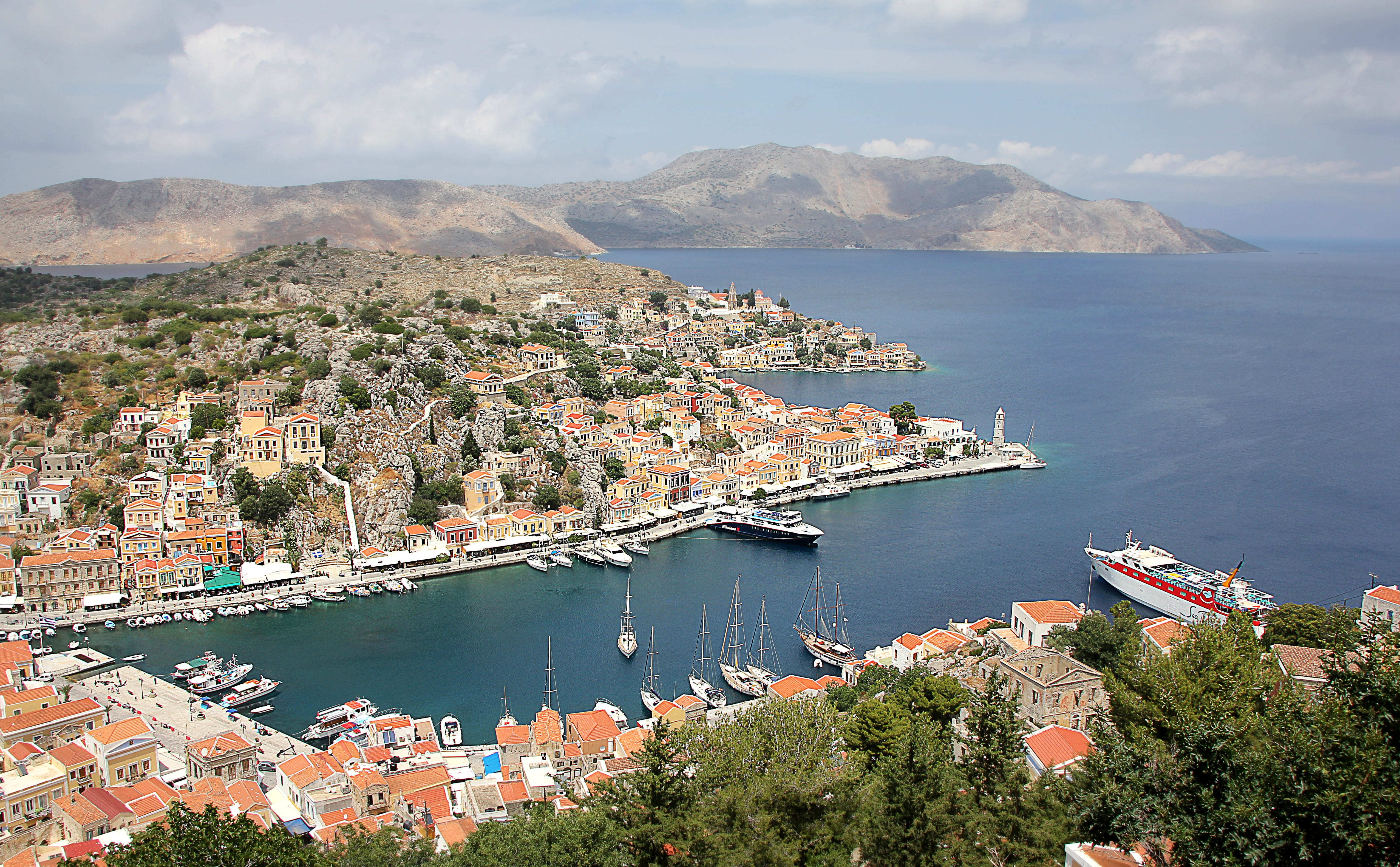 cruise ship, cityscape, travel, transportation, blue sea, building, water, ferry, vacations, boats, Symi, Dodecanese, land, croatia, italy, town, 4K, mediterranean Countries, HD Wallpaper