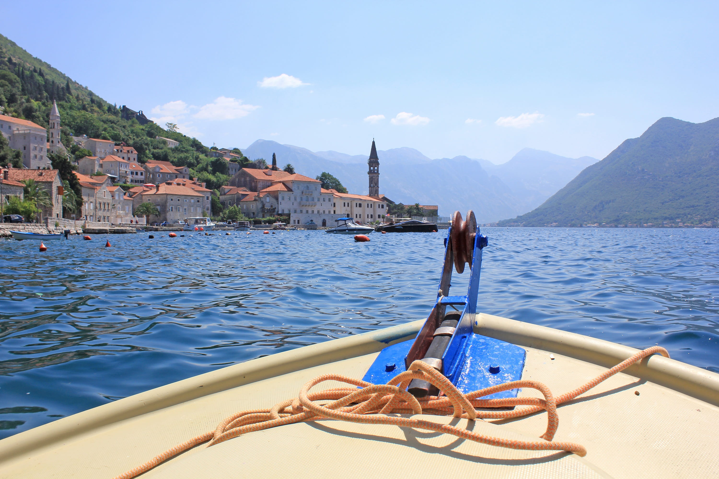 Montenegro, ancient, sunlight, boka bay, building exterior, beauty in nature, destination, old, vacation, adriatic, famous, mountain, boat, travel, outdoors, HD Wallpaper