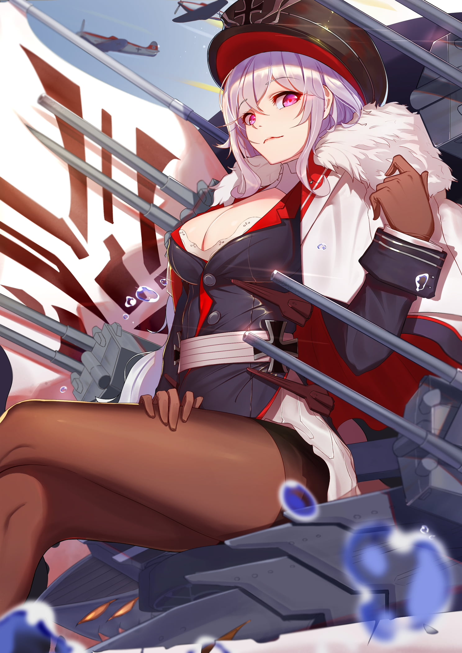 pantyhose, Smile, pink hair, Graf Zeppelin (Azur Lane), anime, Azur Lane, weapon, jacket, digital art, portrait display, 1080P, short hair, purple eyes, Phone HD Wallpaper