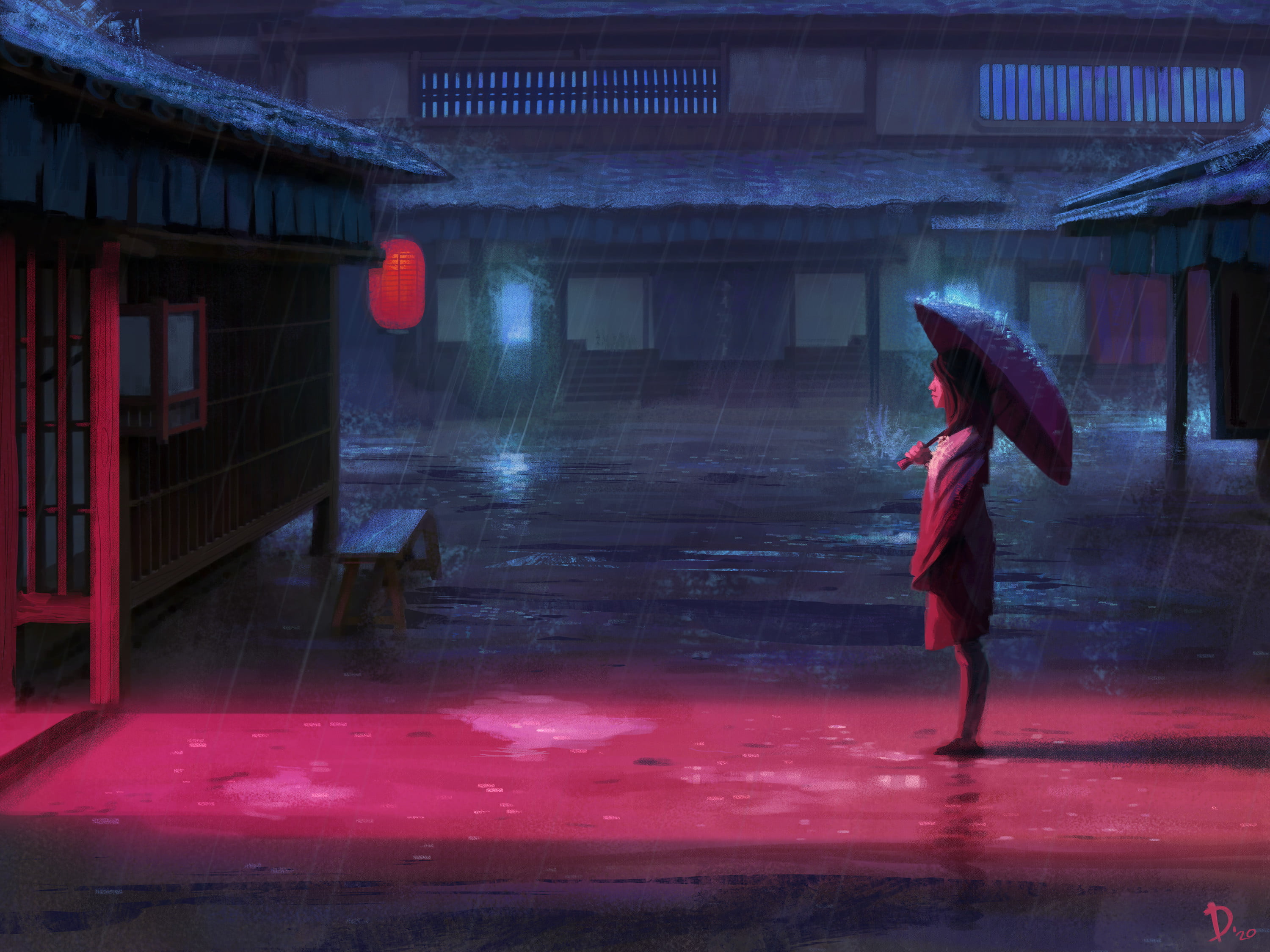 Dani Naimare, young woman, lights, night, ArtStation, digital art, fan art, standing, 2K, artwork, rain, umbrella, digital painting, women, HD Wallpaper