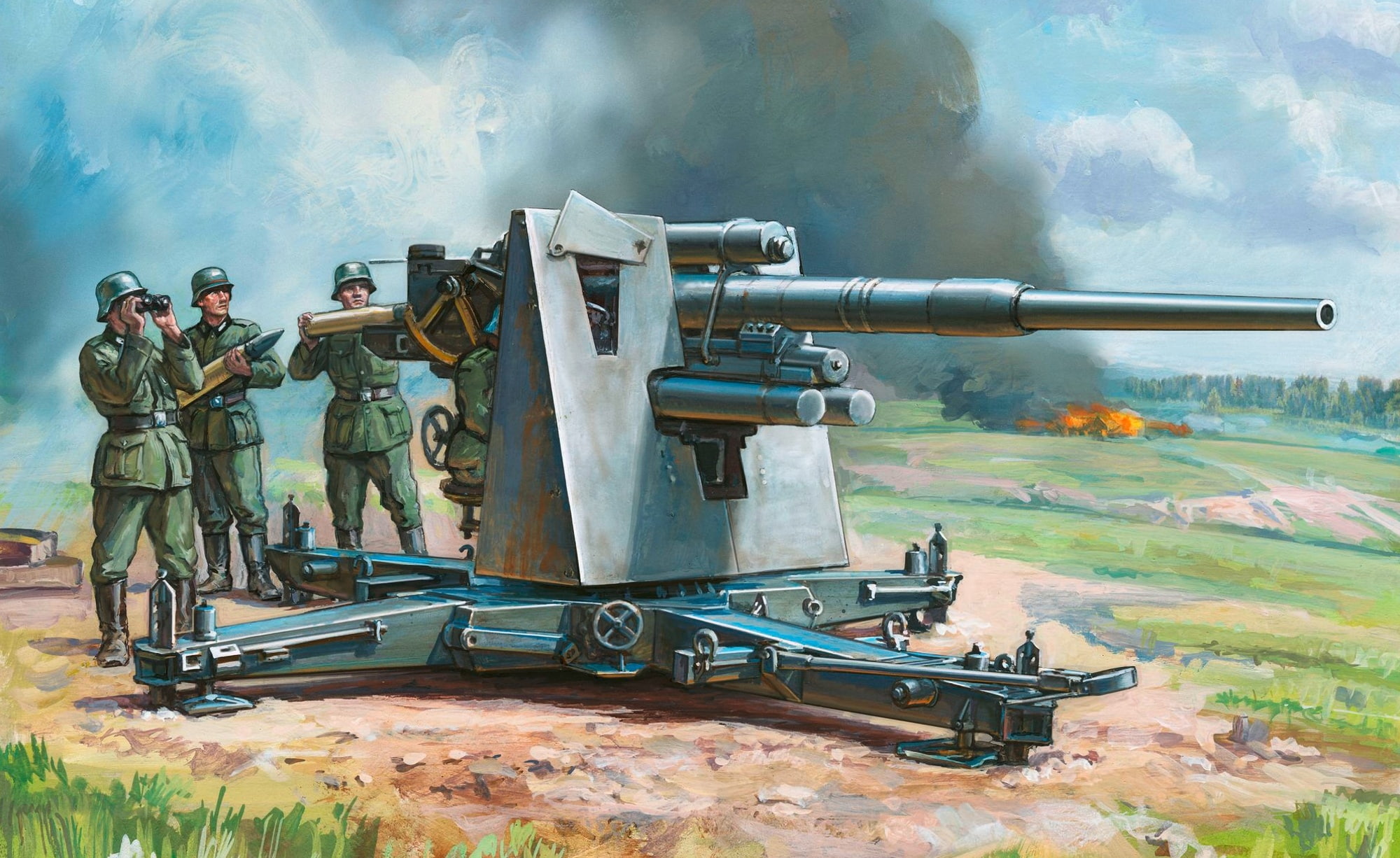 88mm, flak, cannon, painting, 1080P, german, art, army, soldiers, HD Wallpaper