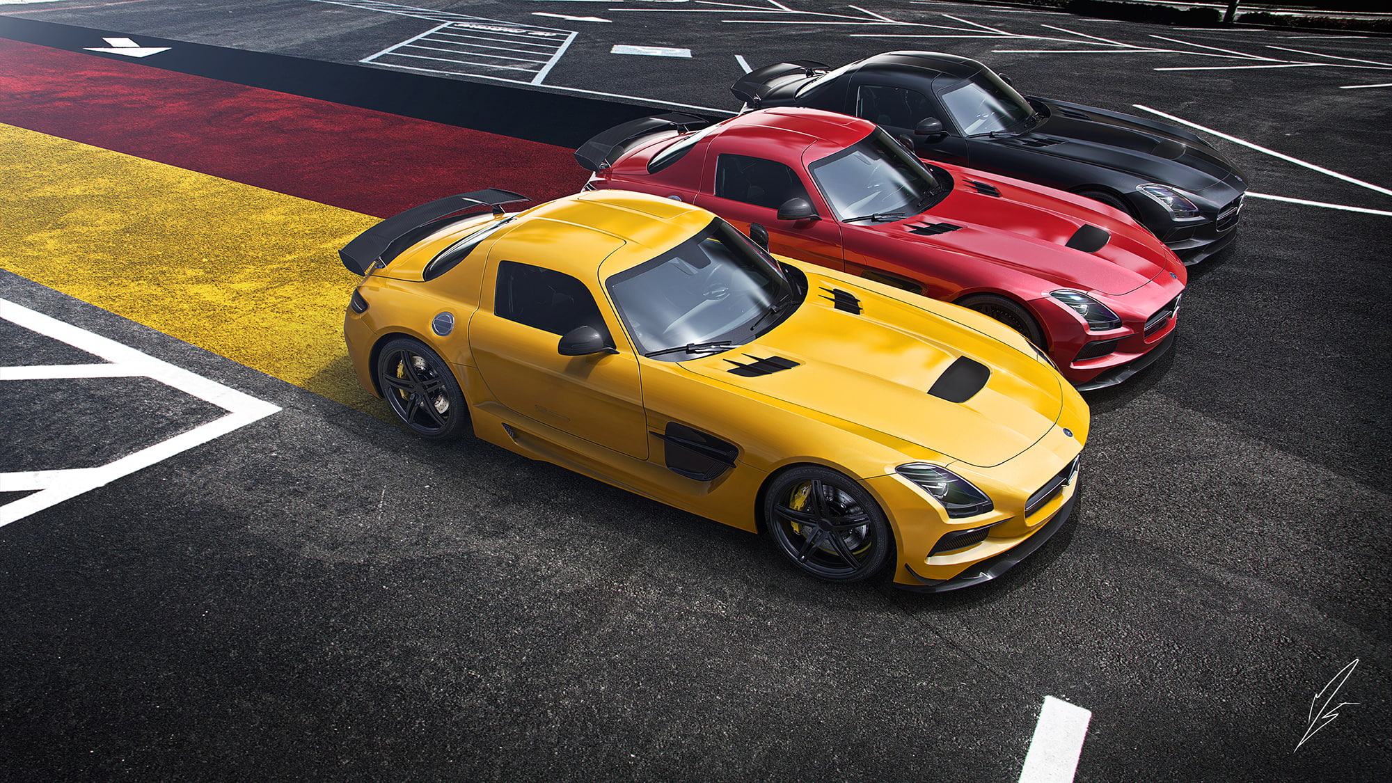 AMG, Mercedes-Benz, Widescreen, Black, 1080P, Yellow, Asphalt, Red, Flag, German, Black Edition, Supercar, SLS, HD Wallpaper
