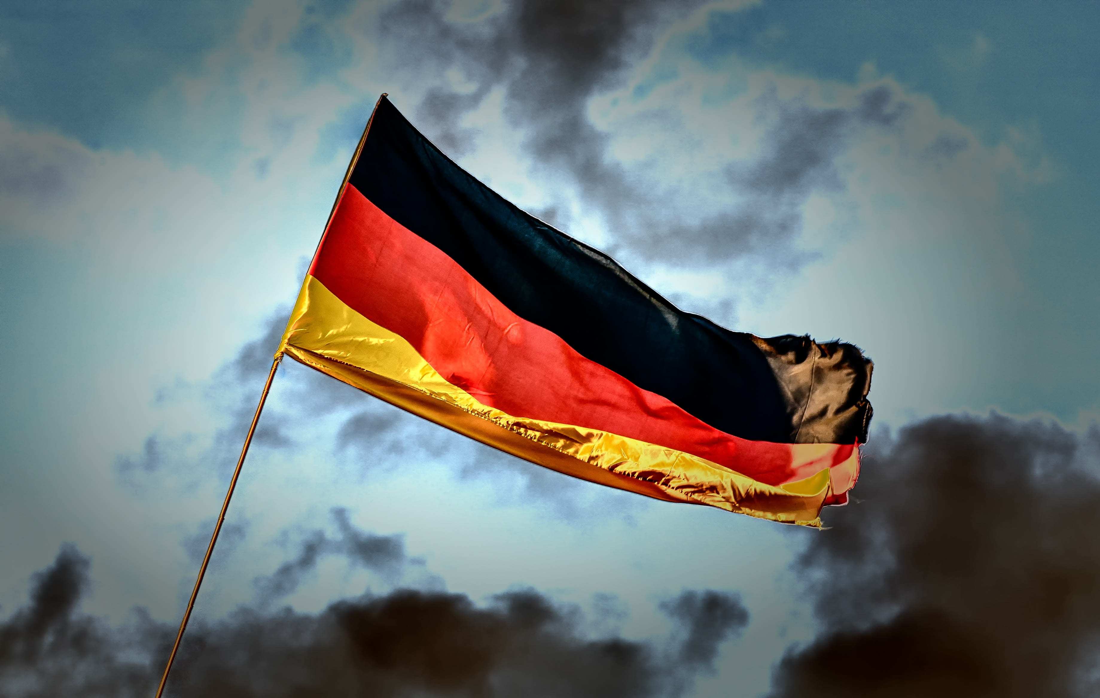 windy, yellow, patriotism, waving, cloud - sky, rod, day, wind, black color, black red gold, bright, cloudy, red, environment, light blue, daytime, low angle view, HD Wallpaper