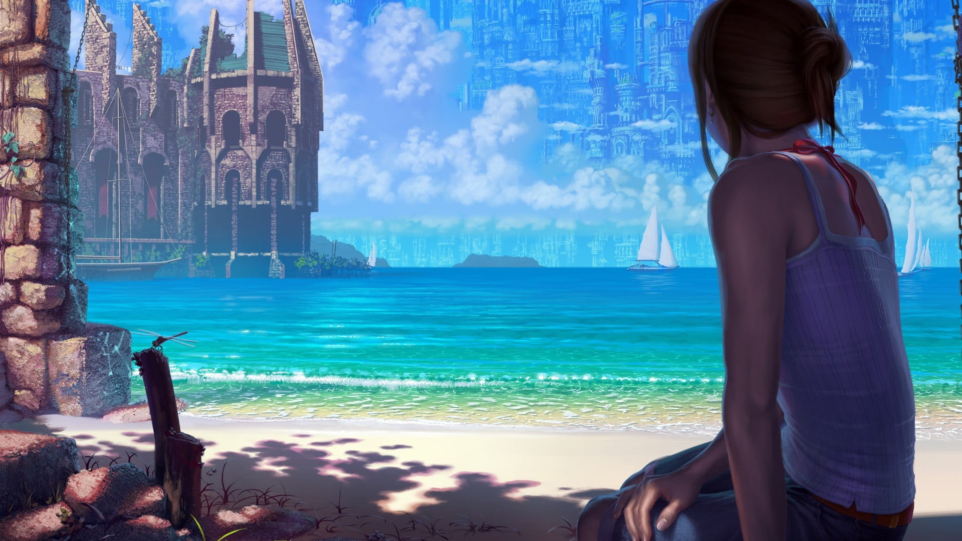 architecture, sailing ship, women, blue, sky, real people, leisure activity, anime, swimming pool, hairstyle, beach, rear view, three quarter length, sea, HD Wallpaper
