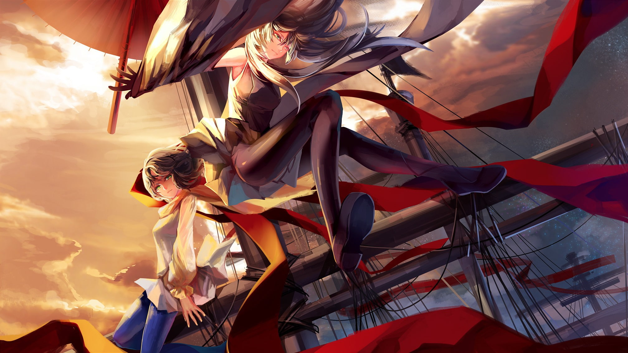 anime, original characters, anime girls, ship, 1080P, HD Wallpaper