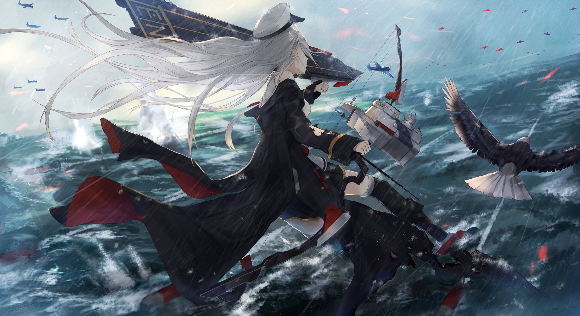 aircraft carrier, ship, 1080P, anime girls, eagle, artwork, white hair, Azur Lane, digital art, anime, video games, bow, HD Wallpaper