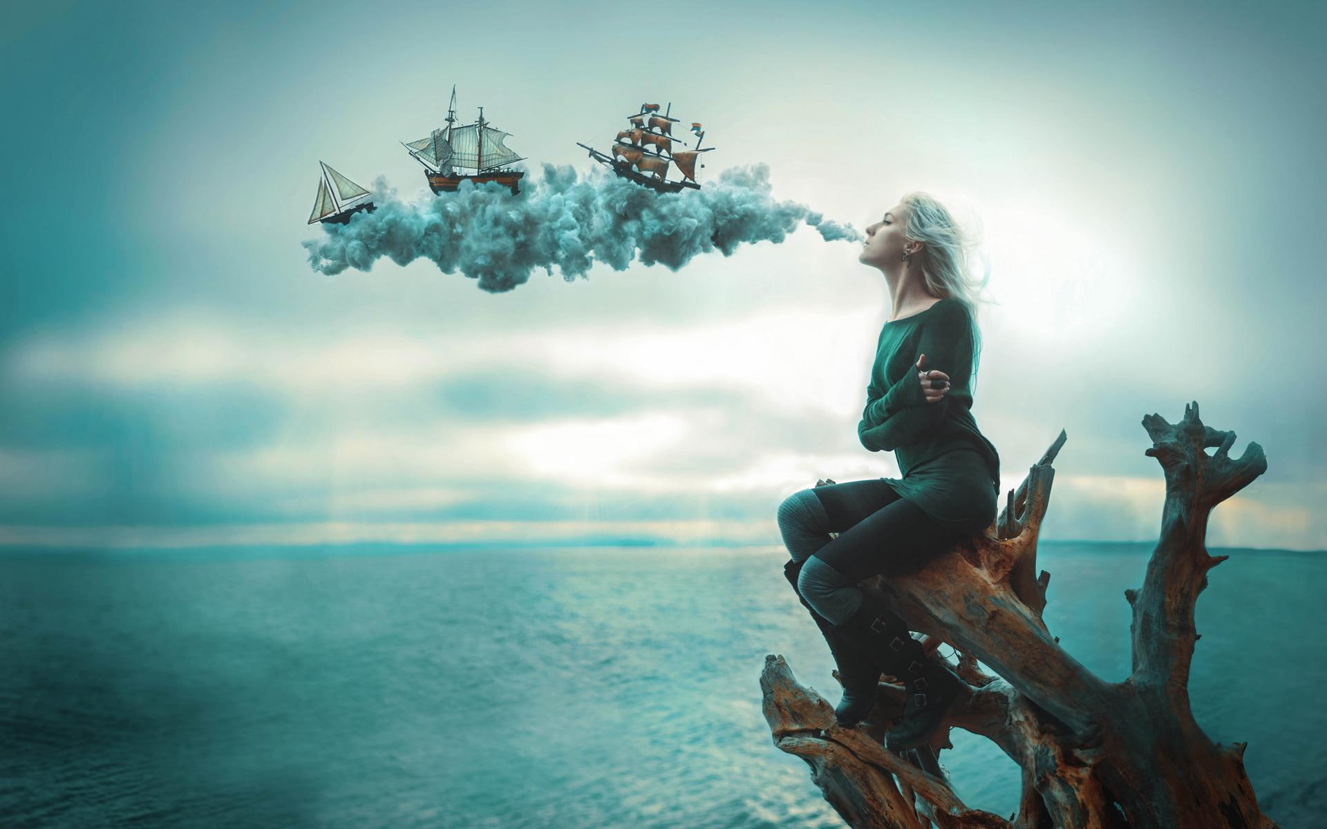 illusion, ships, girl, 1080P, HD Wallpaper
