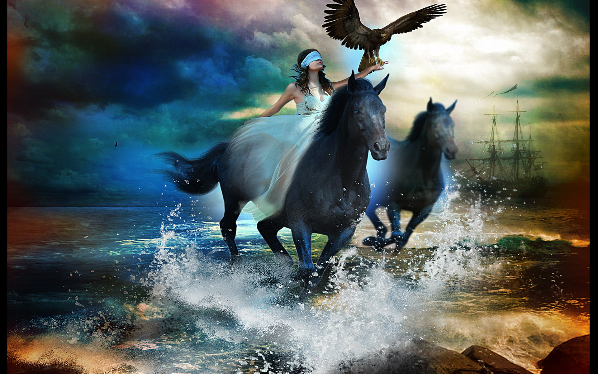 waves, domestic animals, livestock, horses, beach, vertebrate, ship, nature, pets, domestic, cloud - sky, mammal, full length, horse, animal wildlife, motion, HD Wallpaper