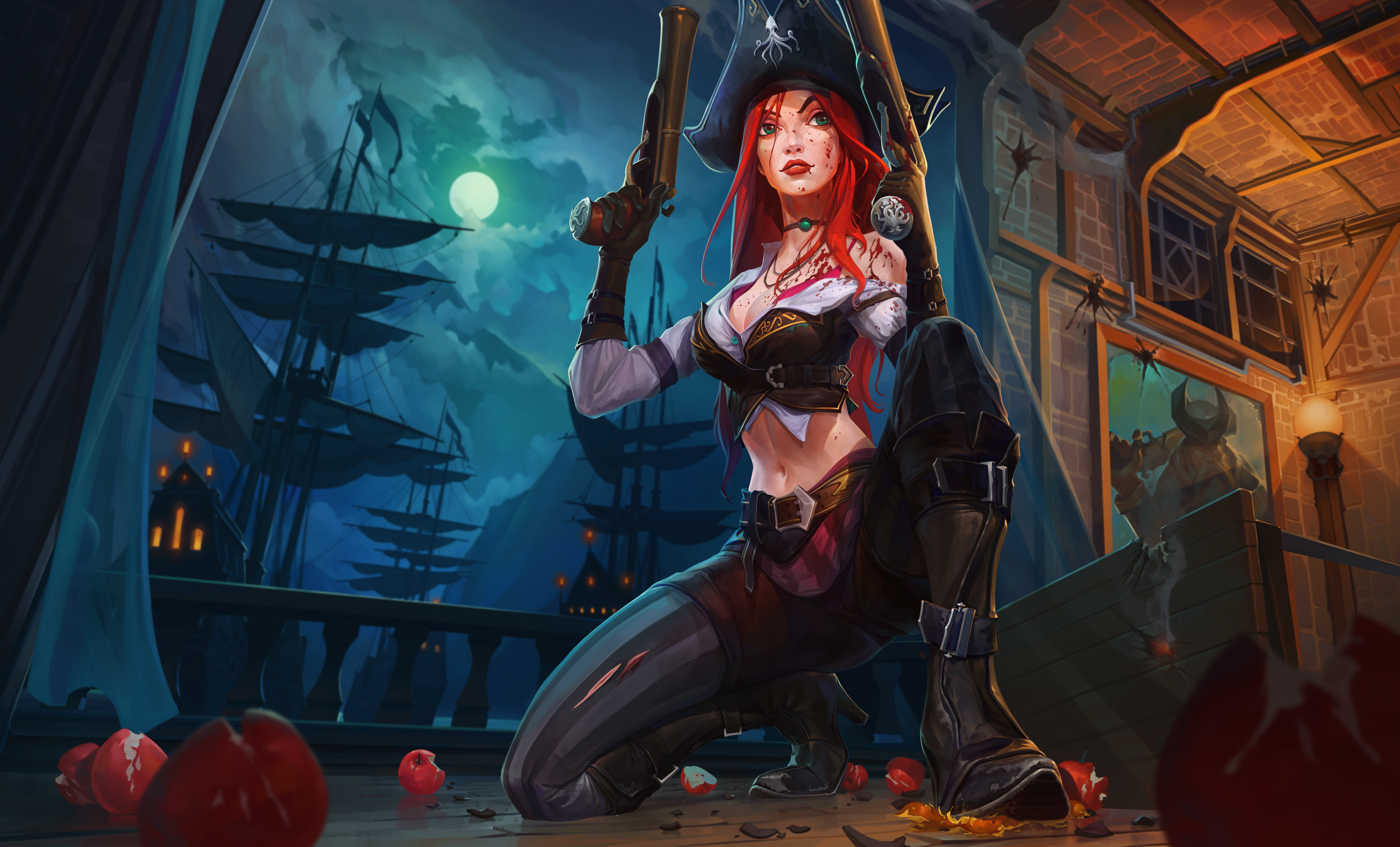 eyes, 8K, warrior, gun, fortune, miss, (league, red, green, ship, woman, legends), legends, pirate, league, girl, hair, HD Wallpaper