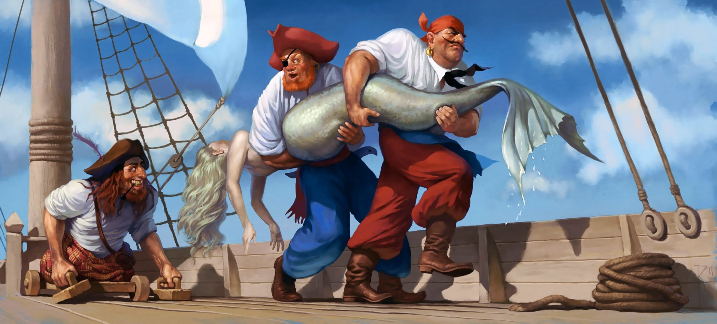 pipe, mermaid, blonde, men, 1080P, bare back, fantasy, bare shoulders, rope, rigging, girl, mast, blindfold, hat, Pirates, fantasy art, artwork, ship, HD Wallpaper