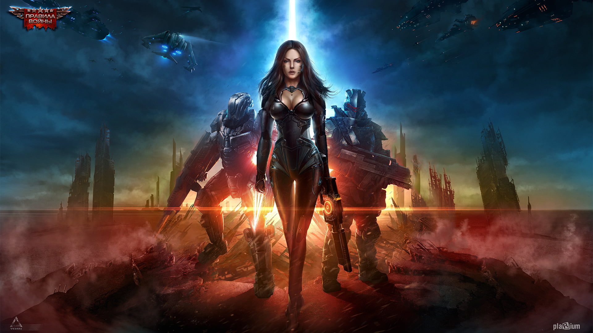 1080P, holding, weapons, ruins, ships, Total Domination, gun, woman, the city, armor, soldiers, girl, art, HD Wallpaper