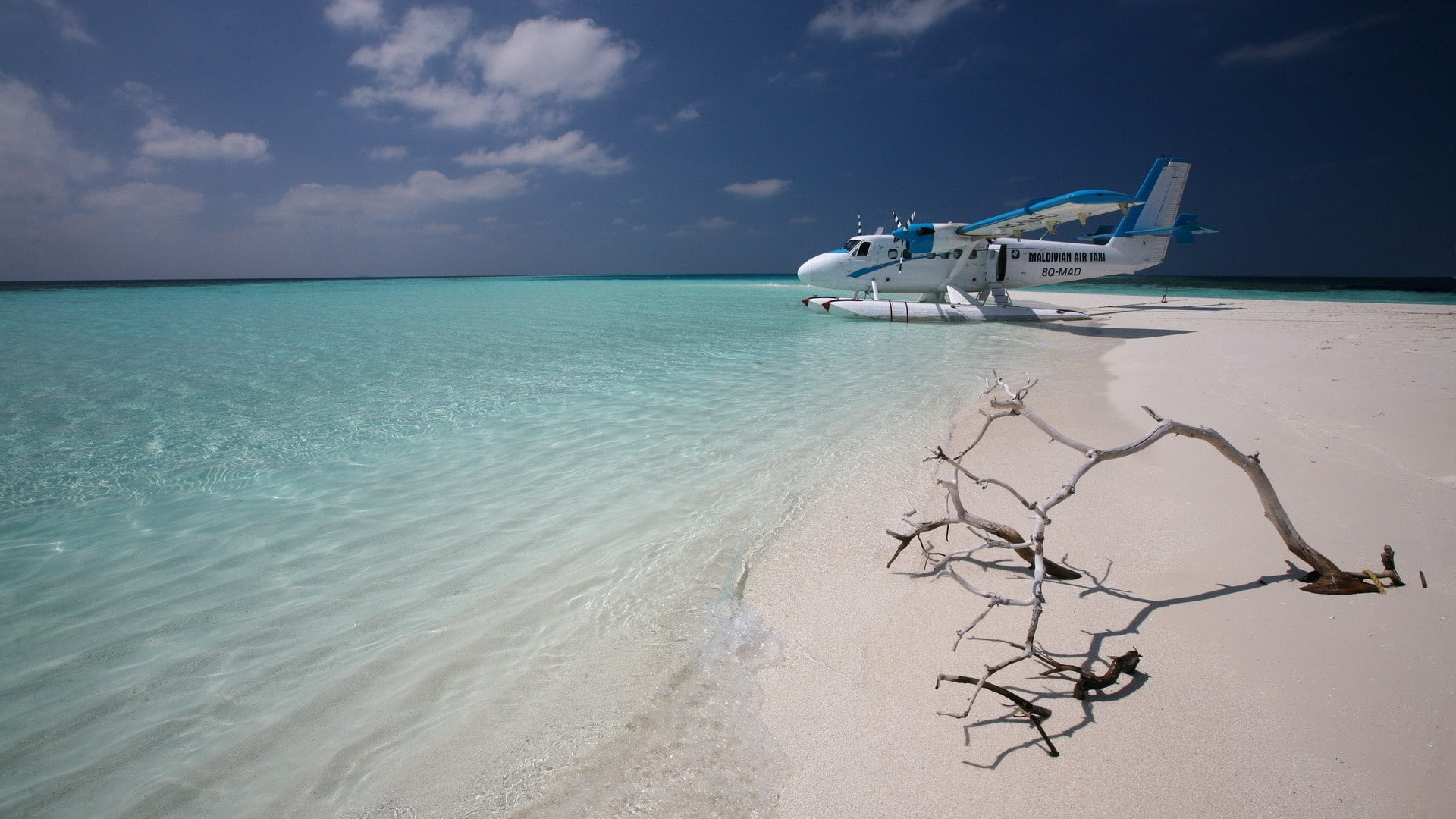 sea, tropical, 1080P, Maldives, hydroplane, beach, airplane, HD Wallpaper