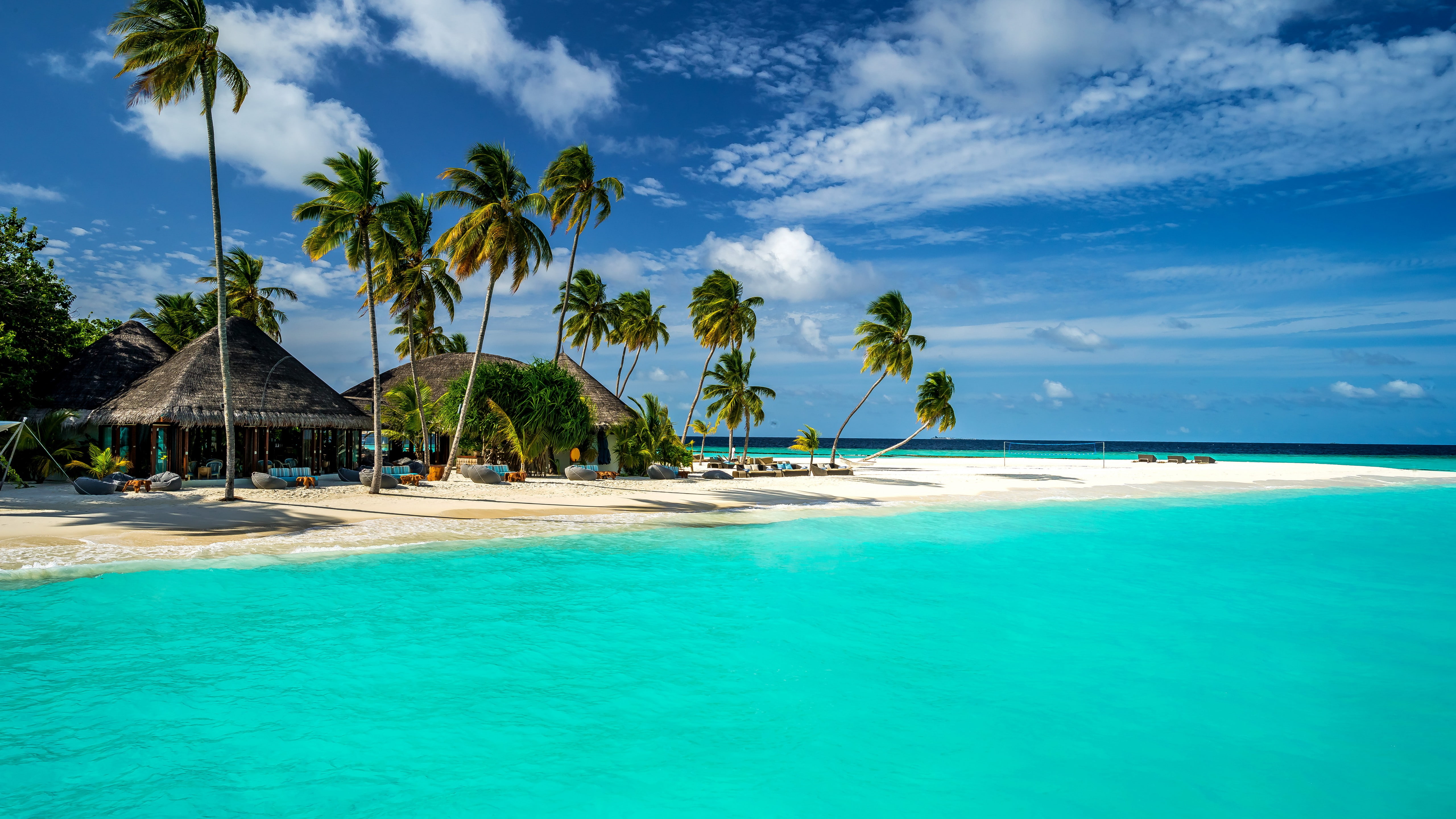 cloudy, ocean, 5k, 8k, daytime, shore, Maldives, Indian Ocean, sky, 5K, Best Beaches in the World palms, HD Wallpaper