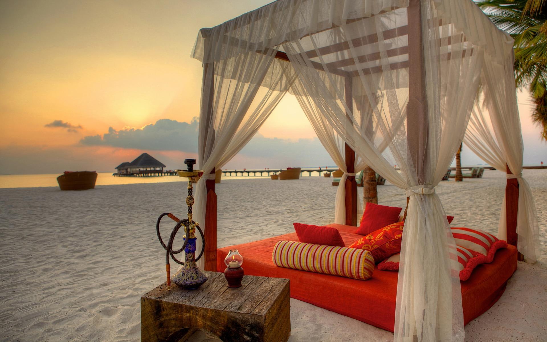 sand, romantic, nature, beach, romance, 1080P, relax, tropical, beautiful, sunset, cushion, HD Wallpaper
