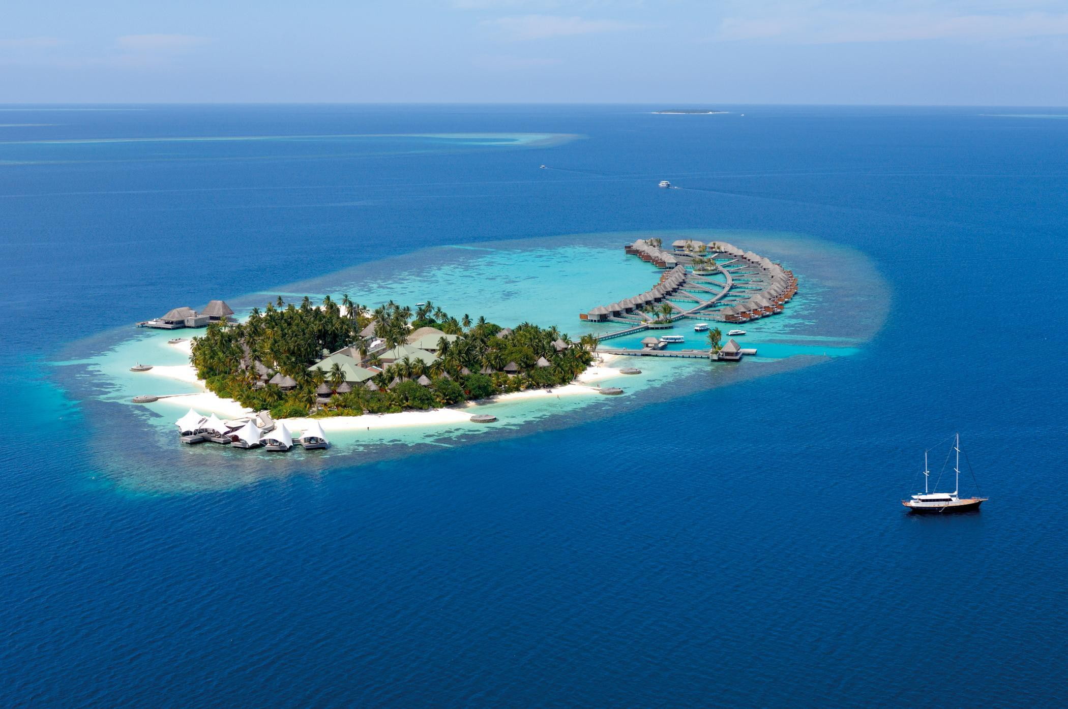 island, Ocean, yacht, fesdu, s, widescreen, fullscreen, bungalow, palm, Maldives, background, 1080P, HD Wallpaper