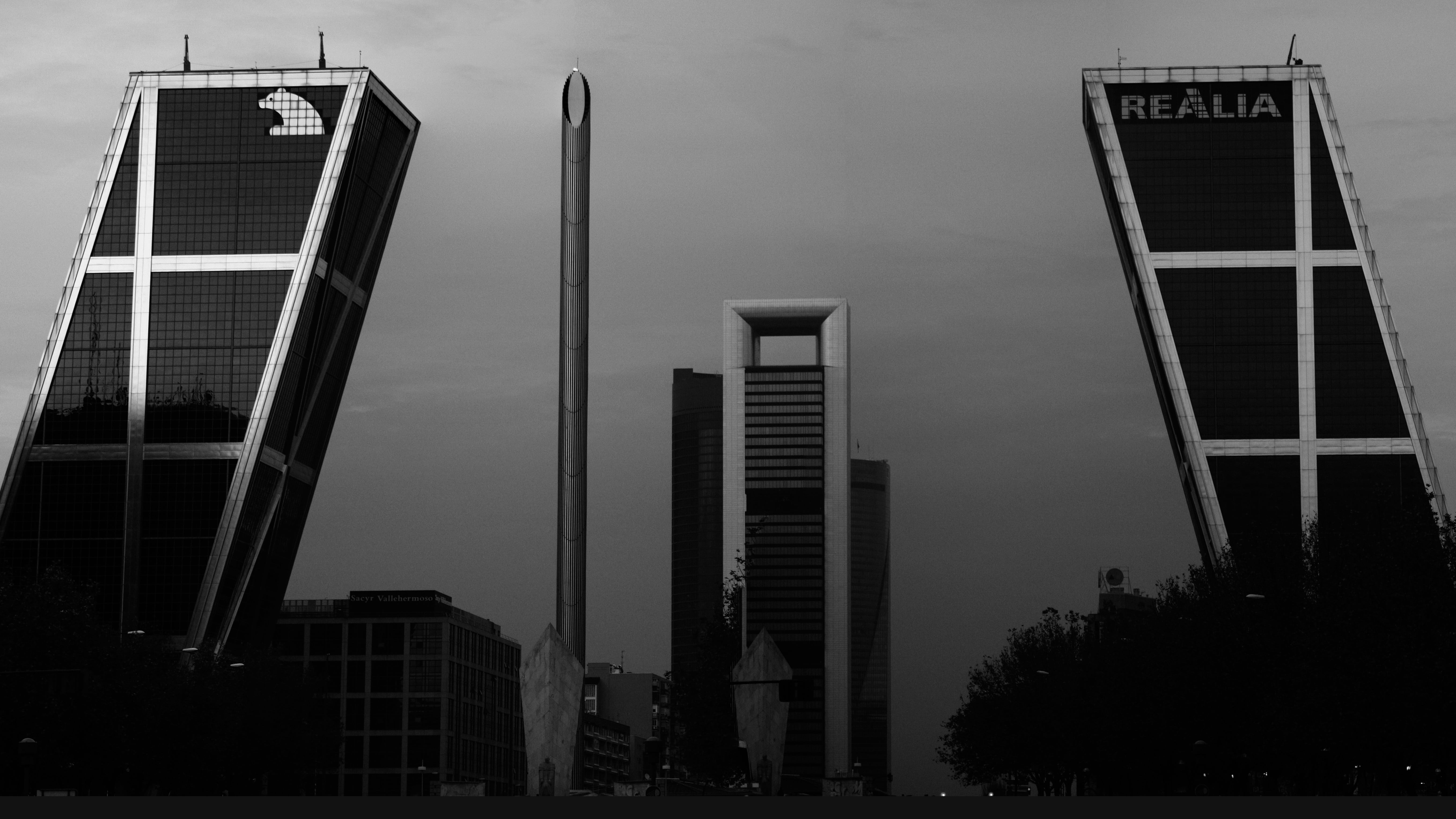 day, tree, rise, high, skyscraper, office building exterior, Madrid, grayscale, building, architecture, 5K, industry, low angle view, office, modern, photo, HD Wallpaper