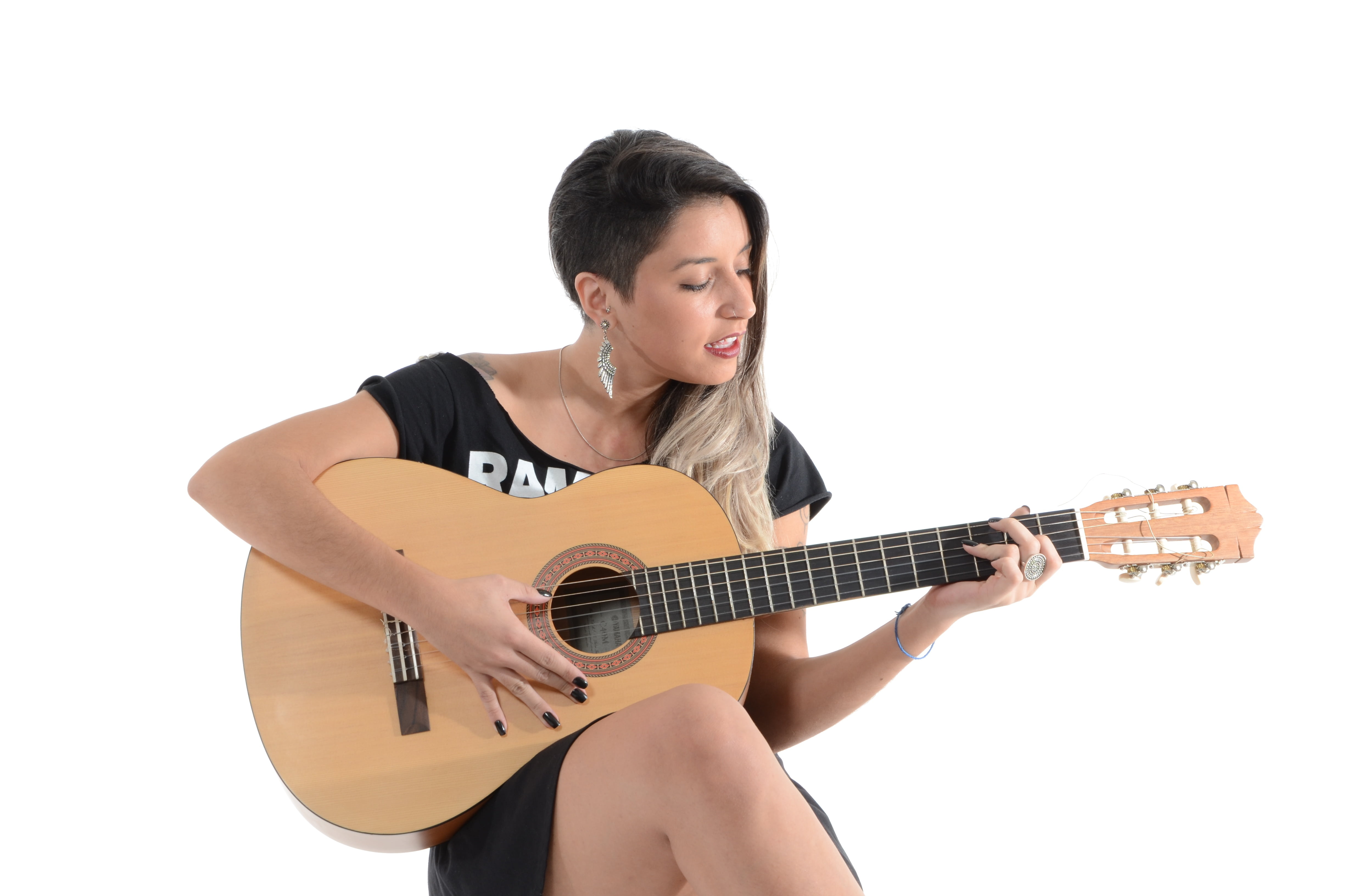 hairstyle, cut out, classical, young women, arts culture and entertainment, performance, girls, indoors, sitting, one Person, beautiful, guitarist, 4K, HD Wallpaper