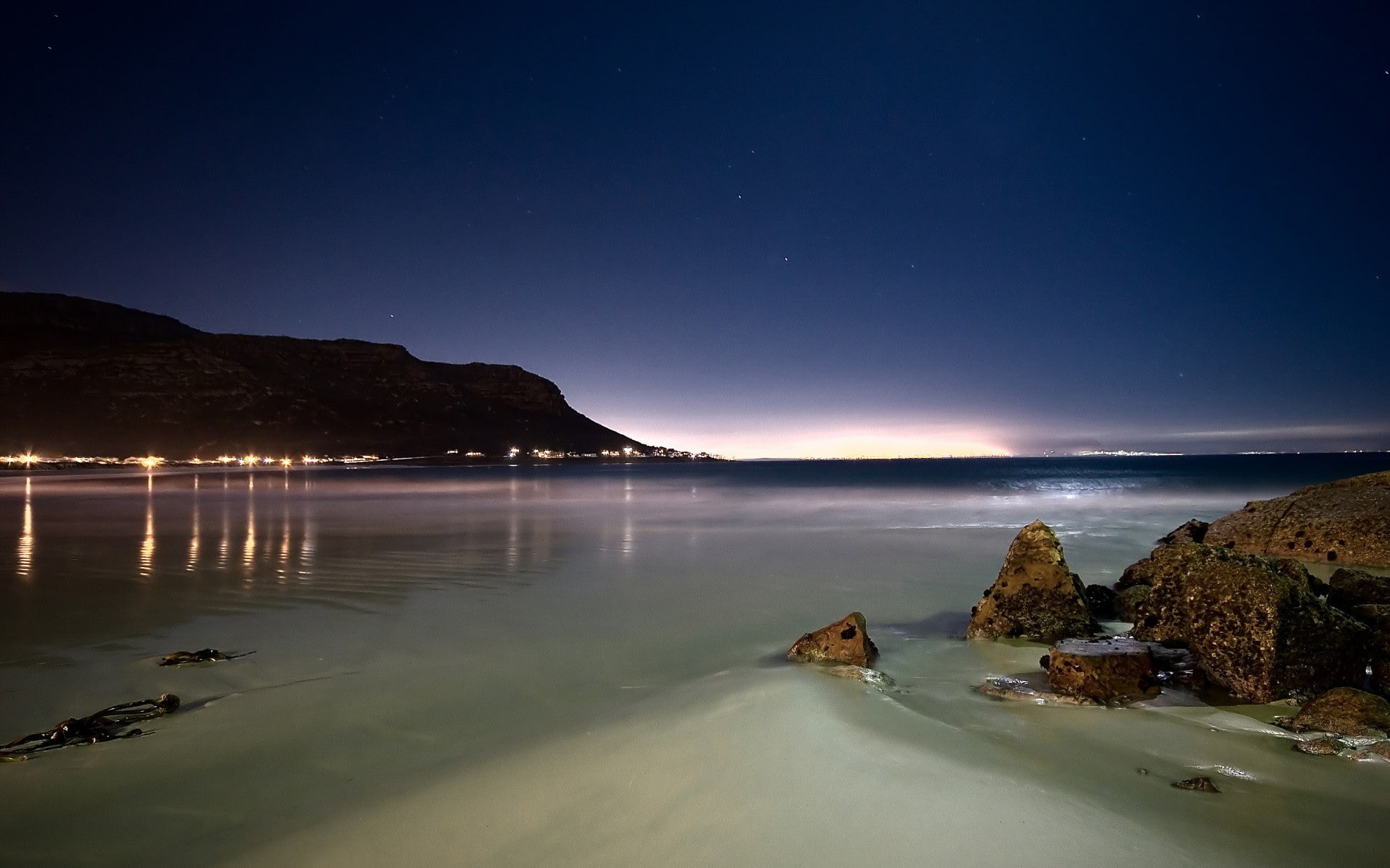 astronomy, tranquil scene, 1080P, scenics - nature, beach, rock, water, landscape, star field, sea, mountain, reflection, sky, galaxy, land, Cape Town, HD Wallpaper