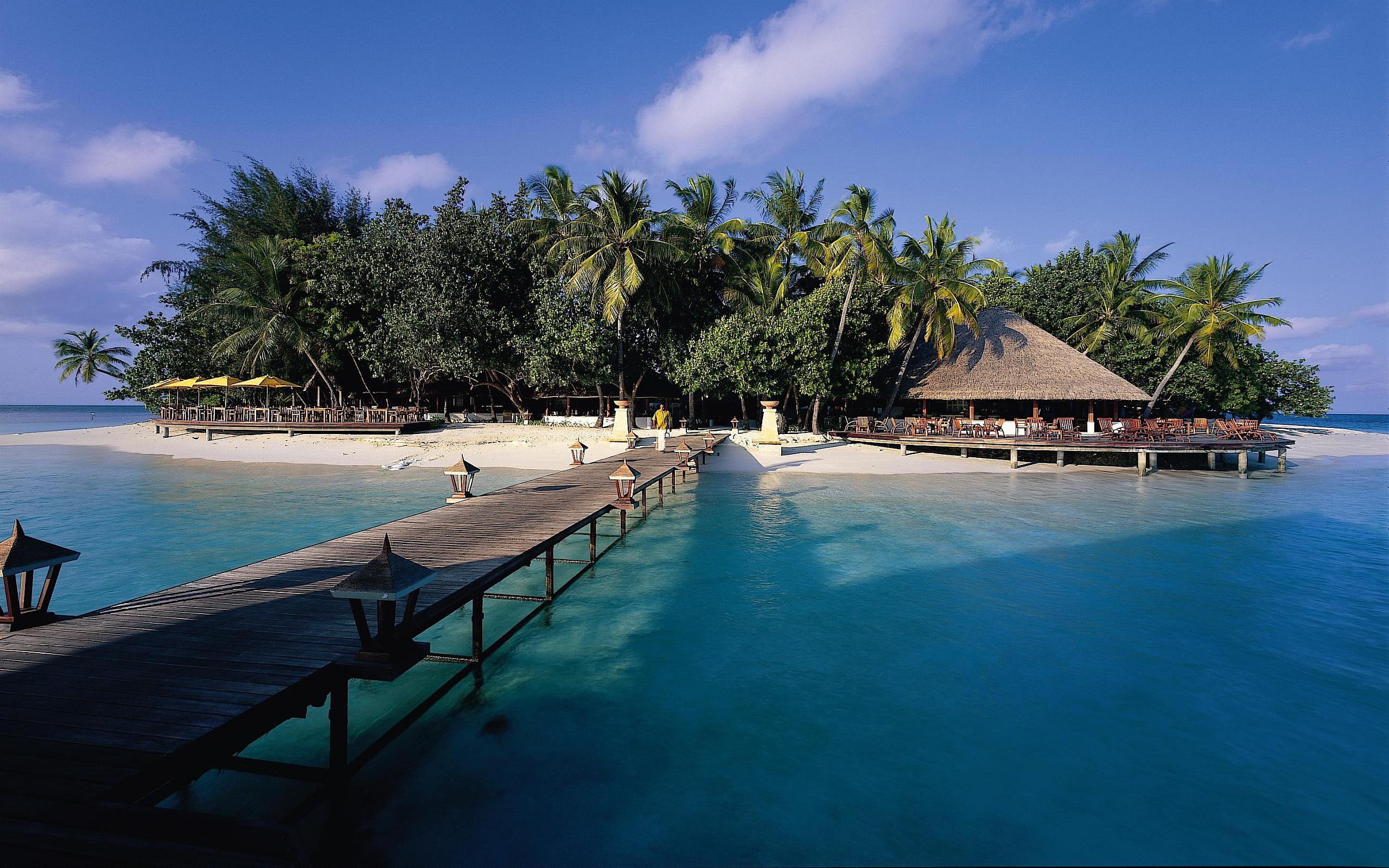 wooden, 2K, ocean, resort, nature, maldives, dock, angsana, brown, beach, HD Wallpaper