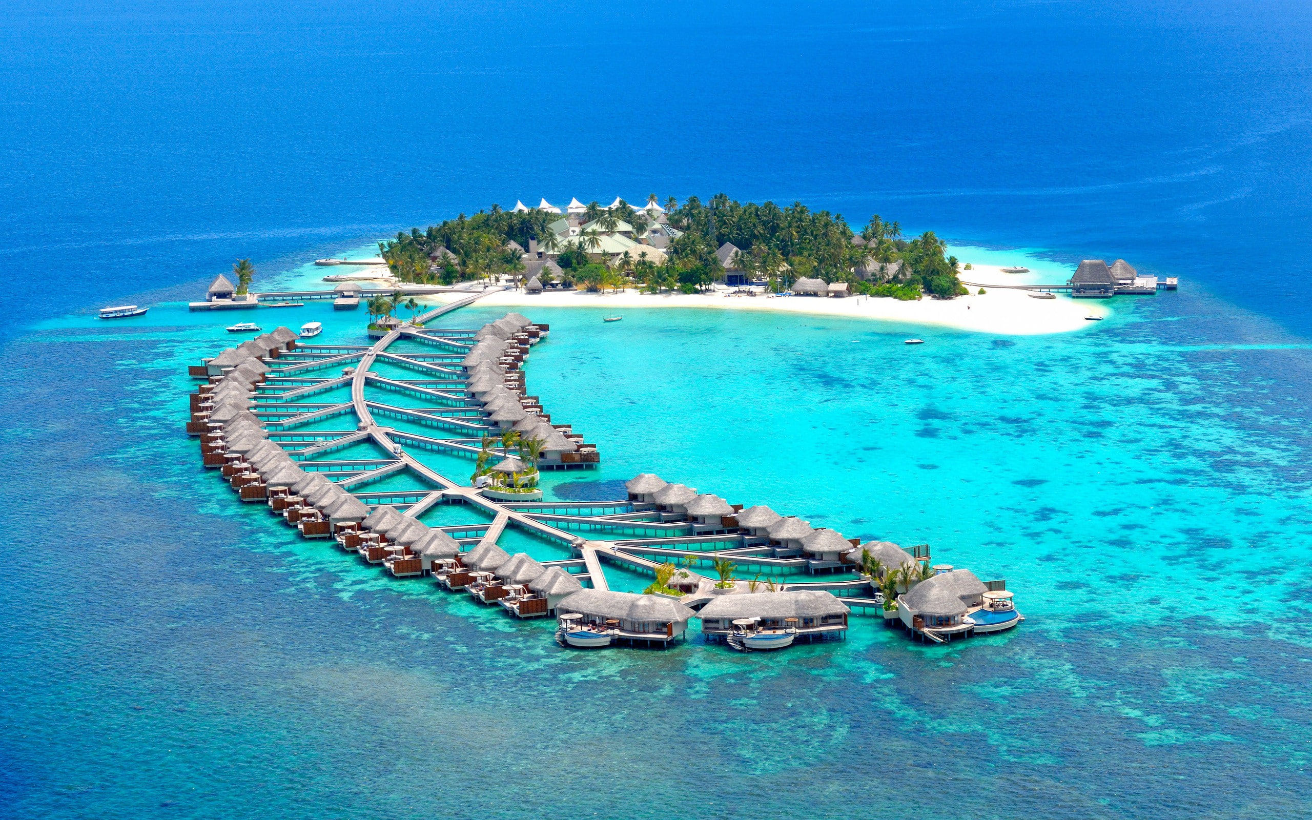 Ocean, bungalows, houses, rest, Maldives, 2K, HD Wallpaper
